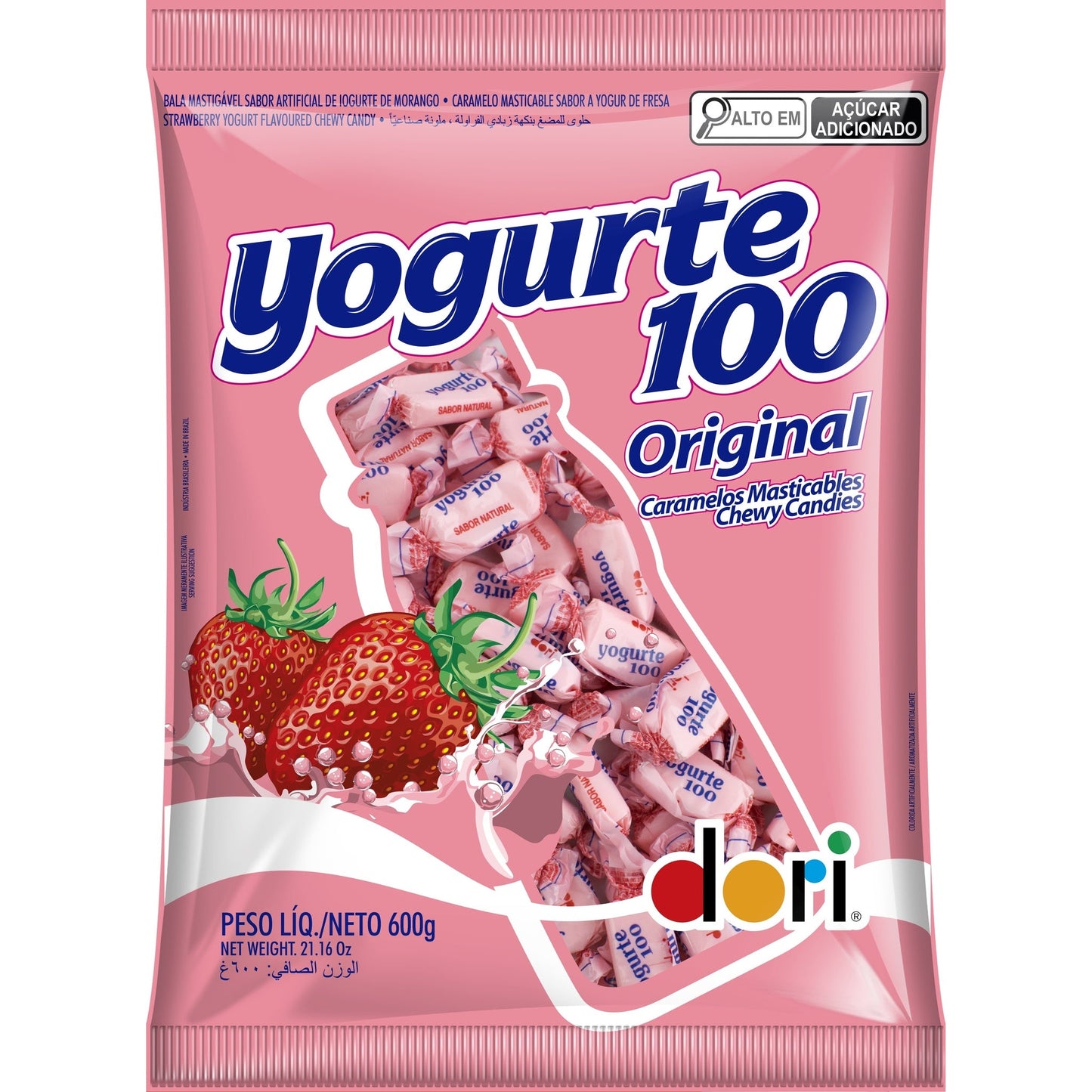 Bala Mastigável Yogurte 100 Original 400g sobre fundo branco