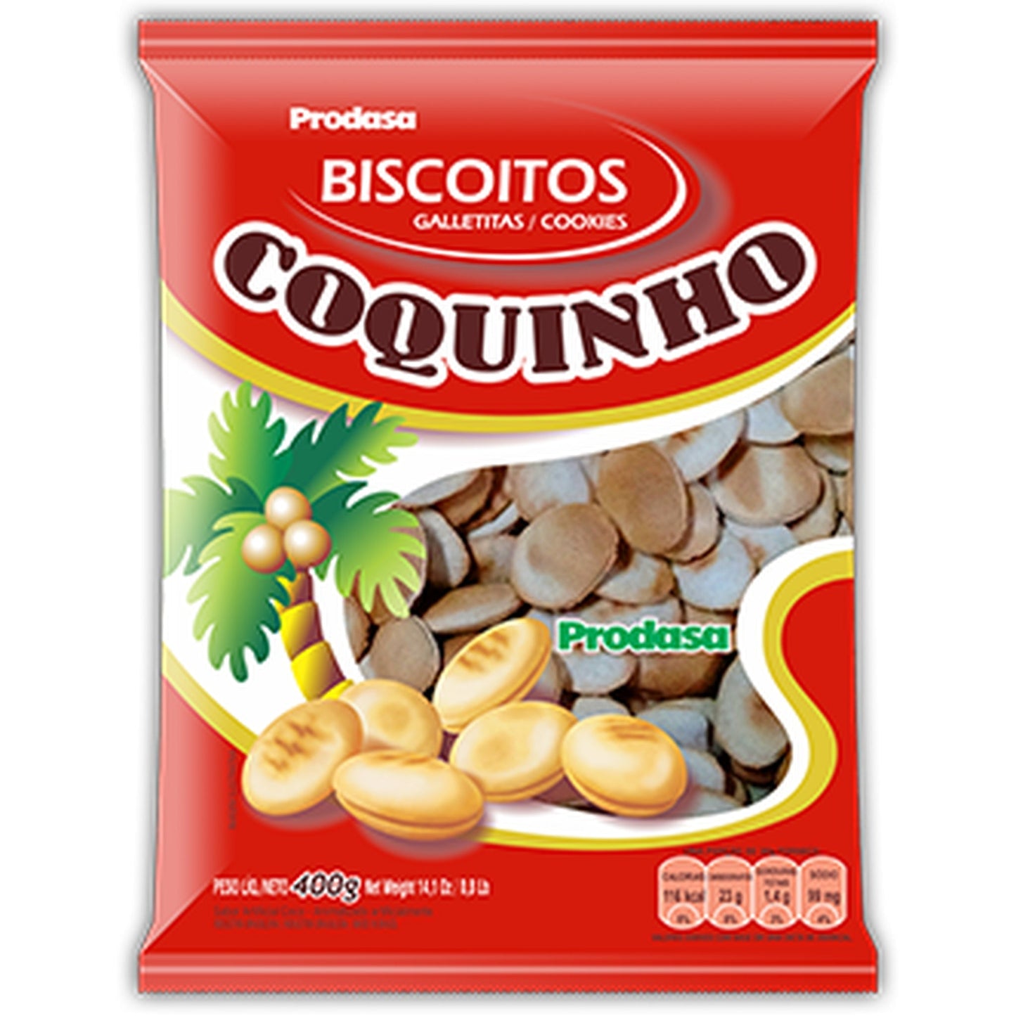 Biscoito Coquinho Prodasa 400g sobre fundo branco