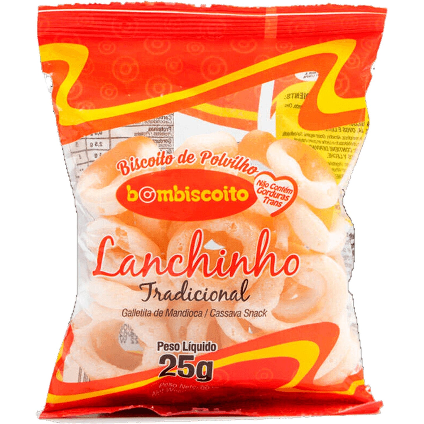Biscoito De Polvilho Tradicional Bombiscoito 25g sobre fundo branco
