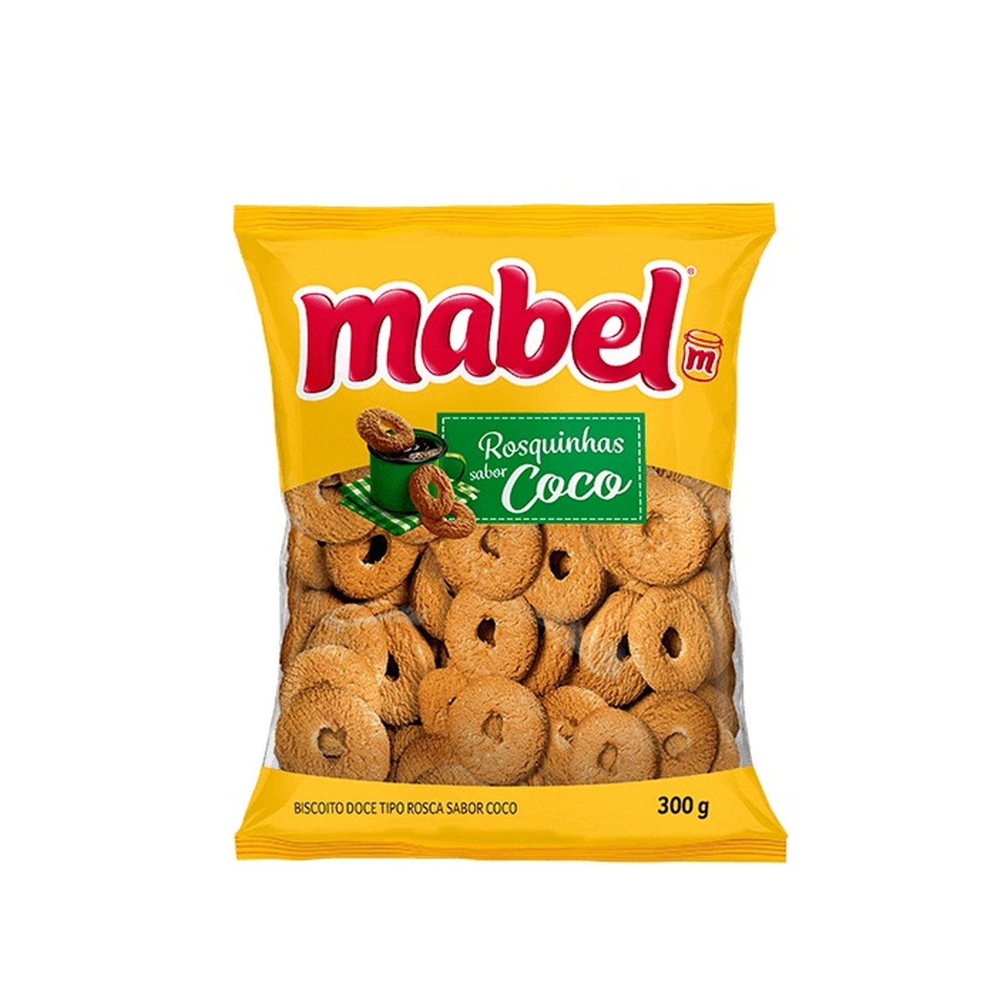 Biscoito Mabel Rosca 300g Coco sobre fundo branco