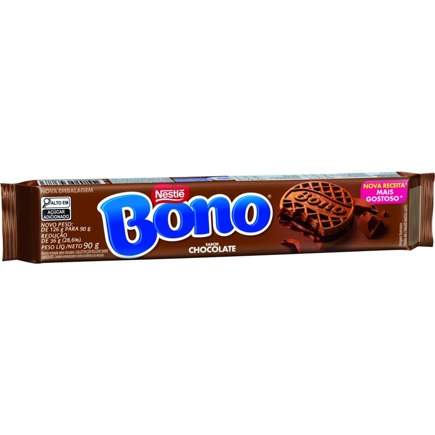 Biscoito Recheado Chocolate Bono 90g sobre fundo branco