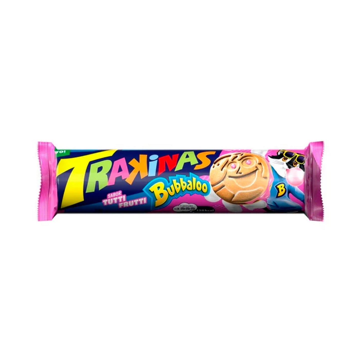 Biscoito Trakinas Bubbaloo Tutti Frutty 126g sobre fundo branco