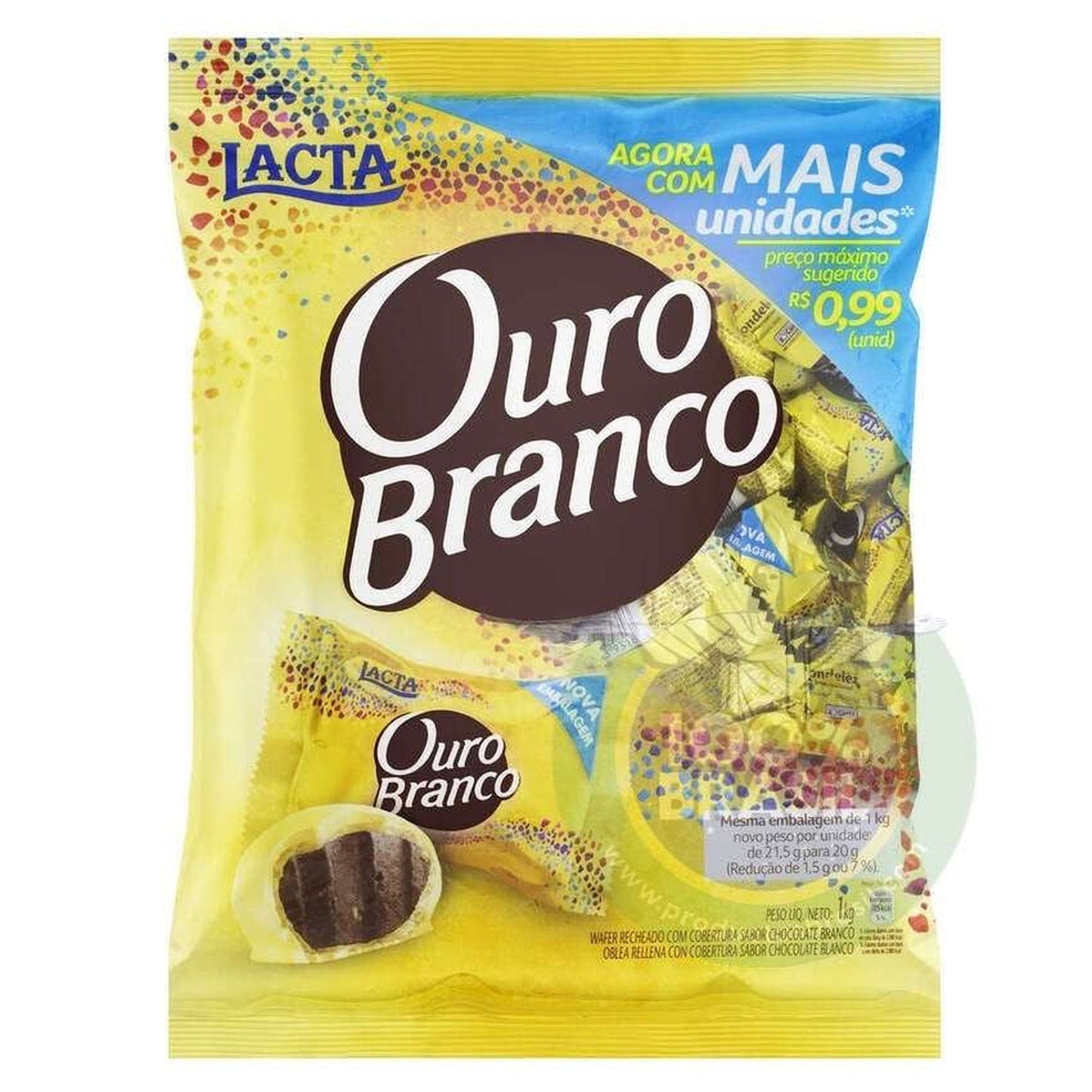 Bombom Ouro Branco Pacote 1kg sobre fundo branco