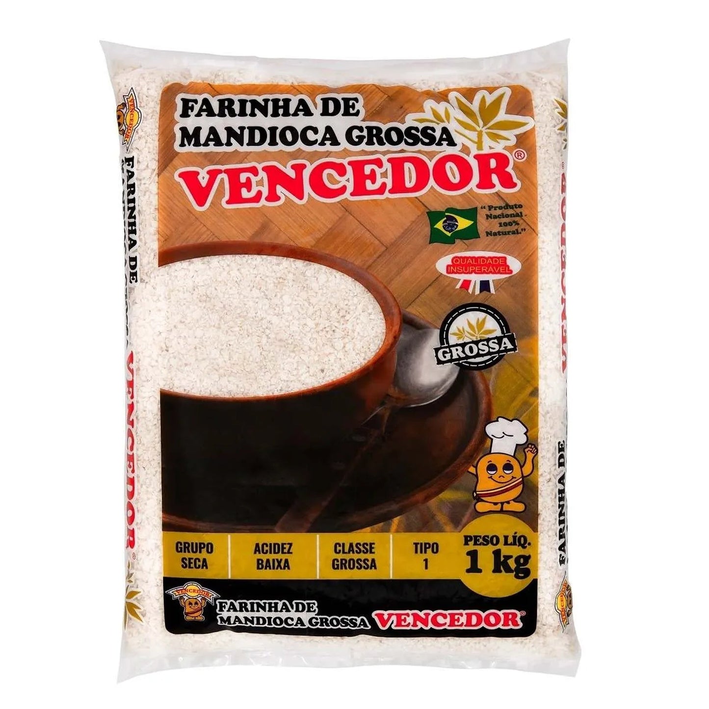Farinha De Mandioca Branca Grossa Vencedor 1kg sobre fundo branco