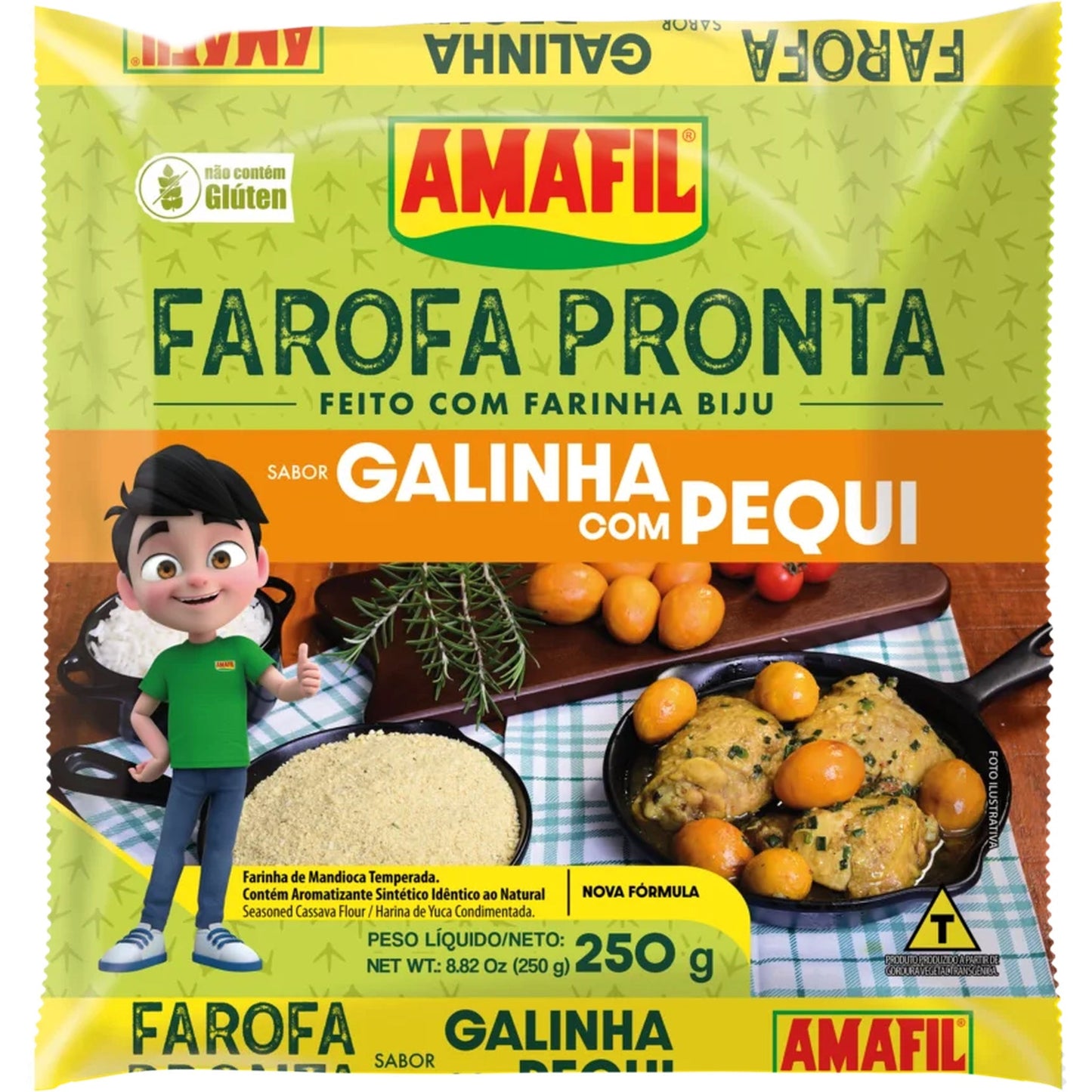 Farofa Galinha Com Pequi Amafil 250g sobre fundo branco