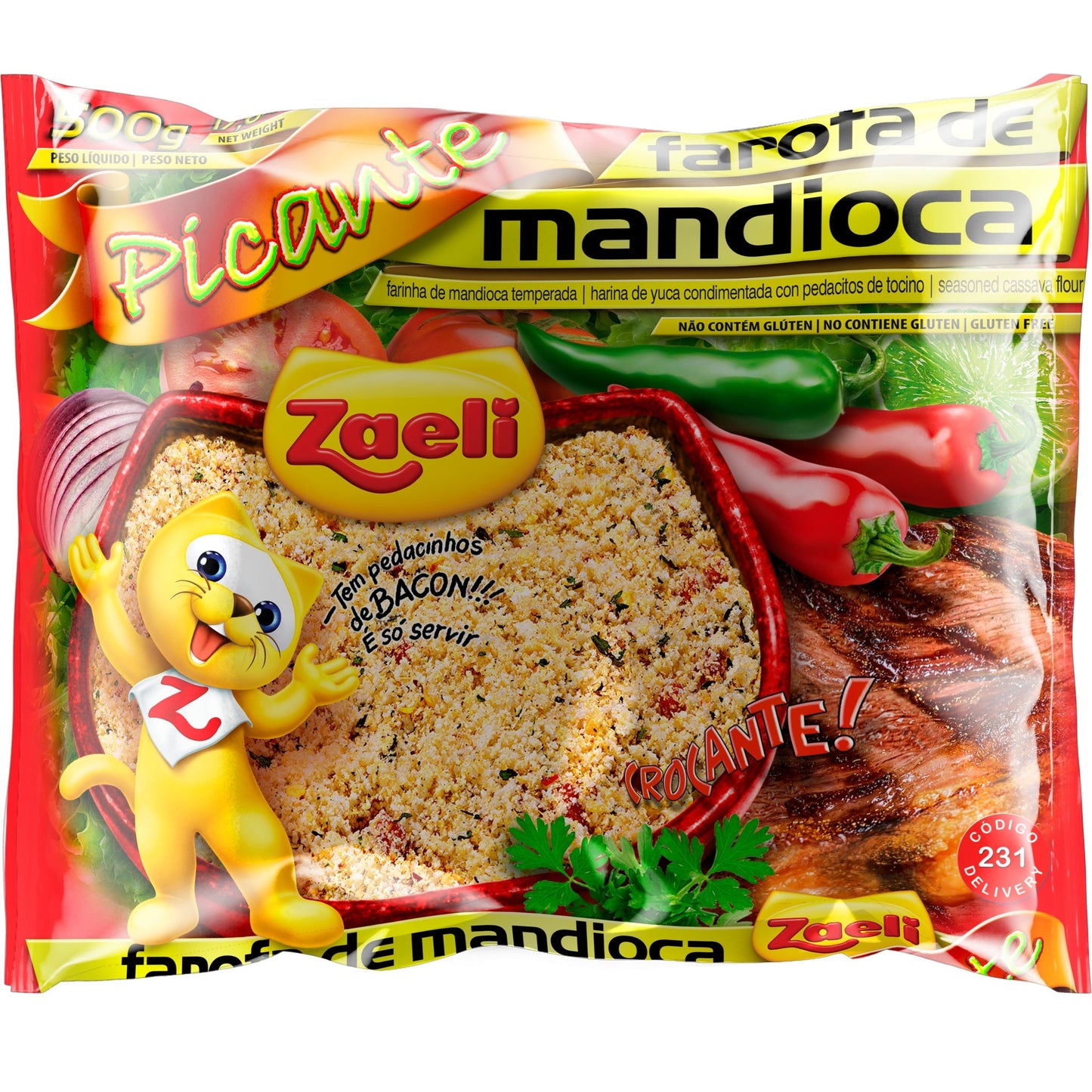 Farofa Mandioca Picante Zaeli 300g sobre fundo branco
