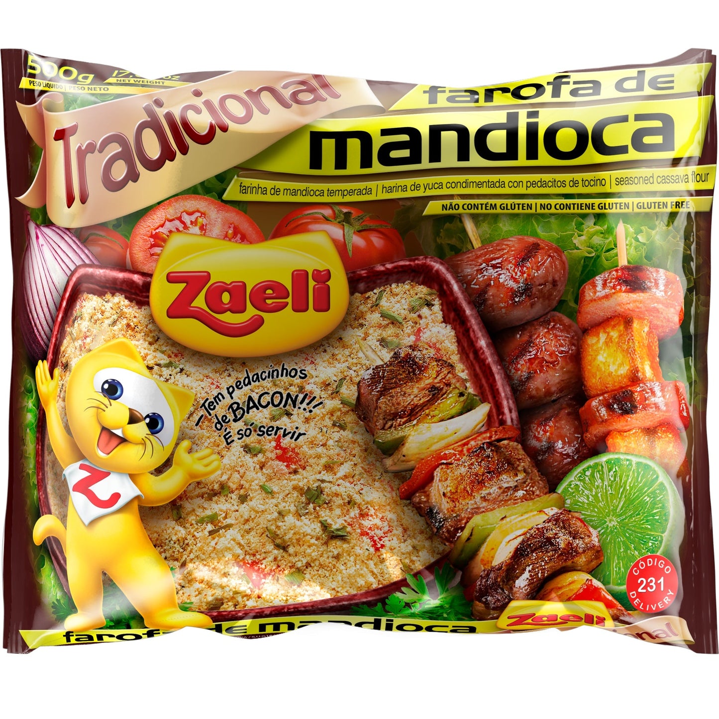 Farofa Mandioca Tradicional Zaeli 500g sobre fundo branco