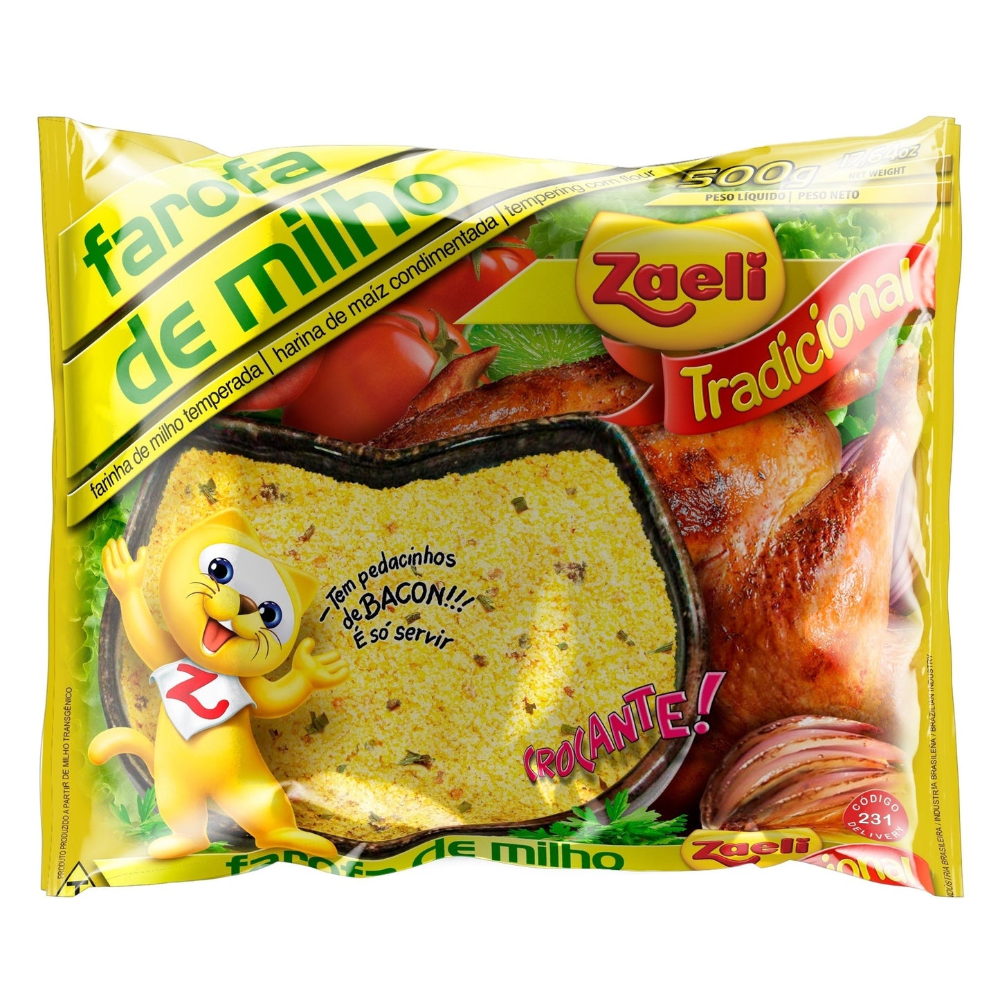 Farofa Milho Zaeli 500g sobre fundo branco