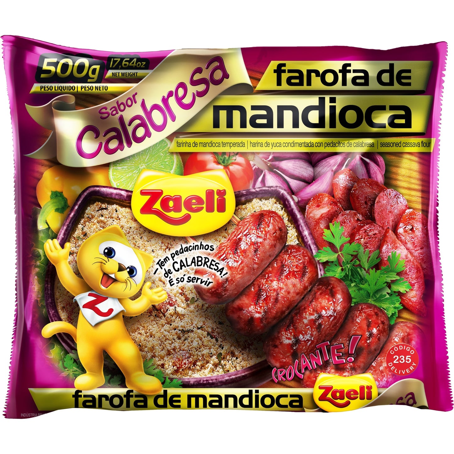 Farofa Mandioca Calabresa Zaeli 500g sobre fundo branco