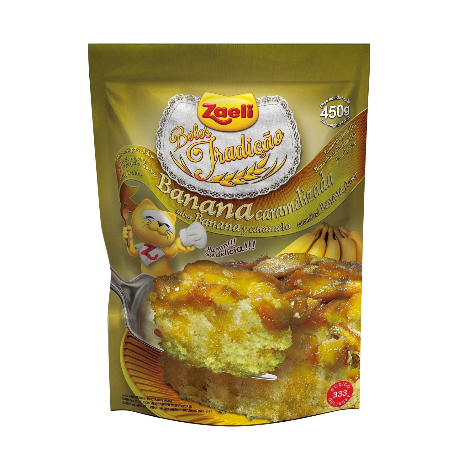 Mistura para Bolo Banana Caramelizada Zaeli 450g sobre fundo branco