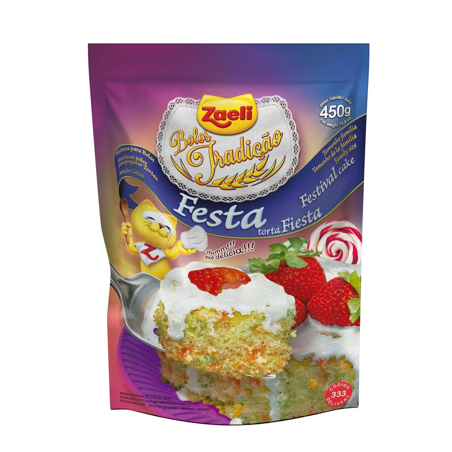 Mistura para Bolo Festa Zaeli 450g sobre fundo branco