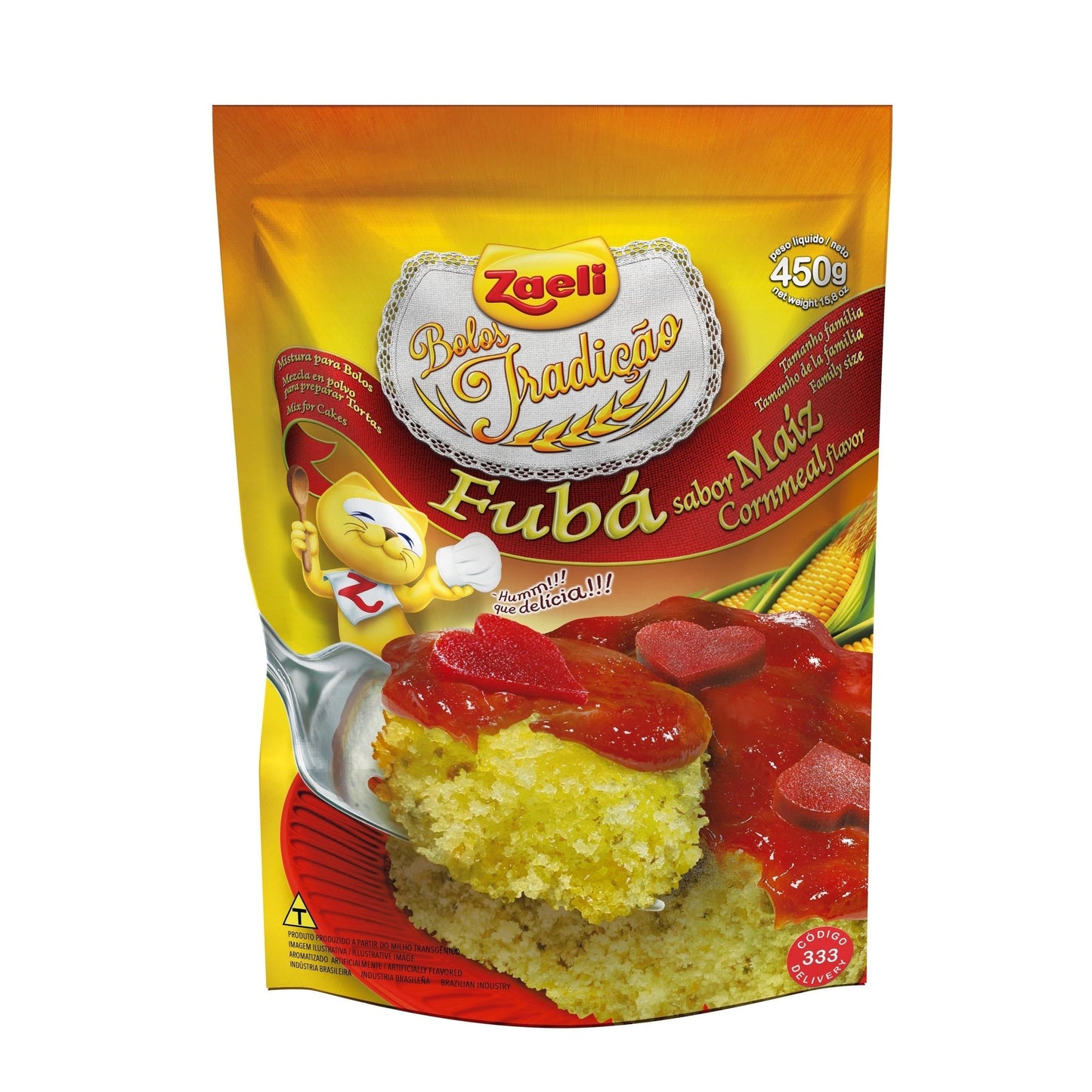 Mistura para Bolo de Fubá Zaeli 450g sobre fundo branco