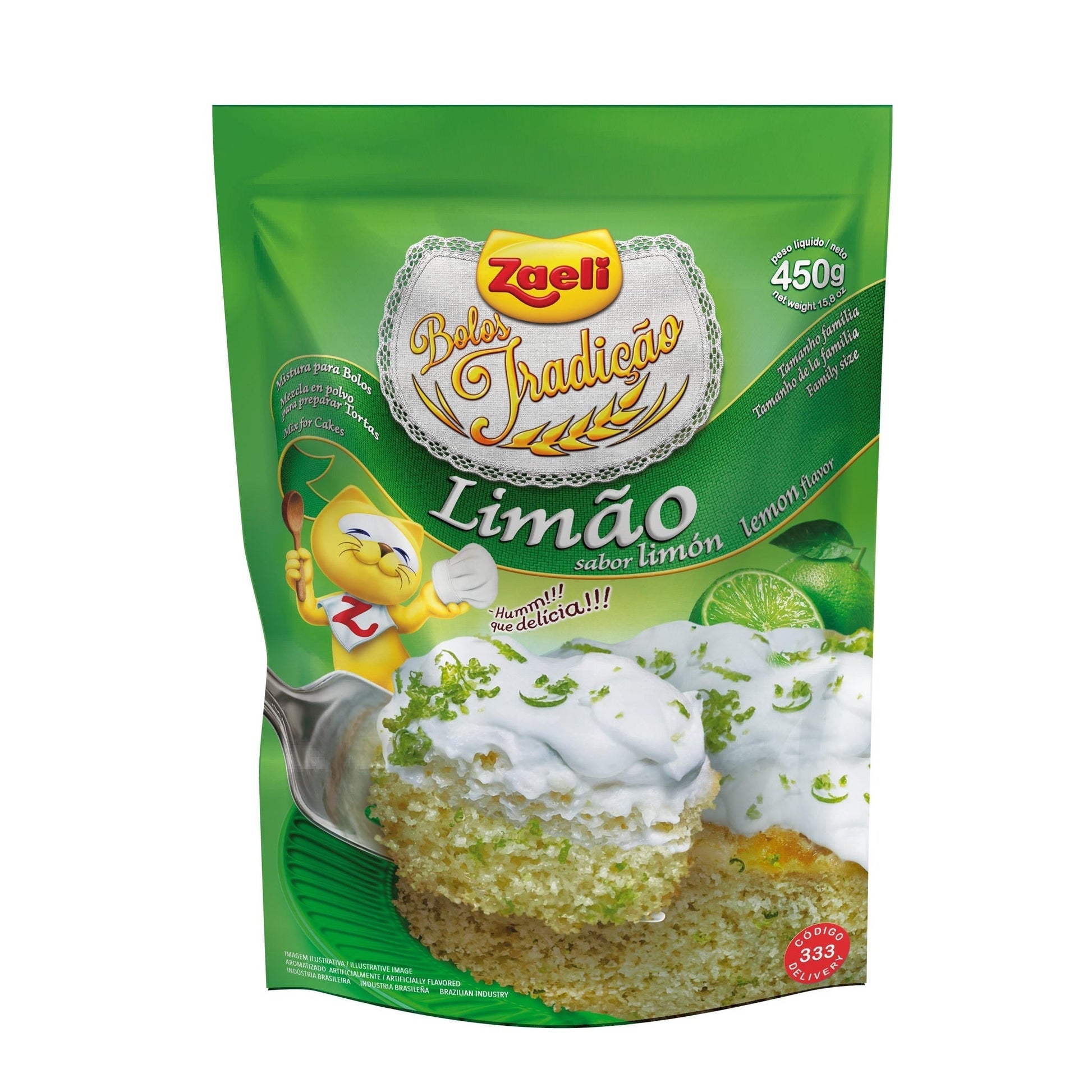 Mistura para Bolo de Limão Zaeli 450g sobre fundo branco