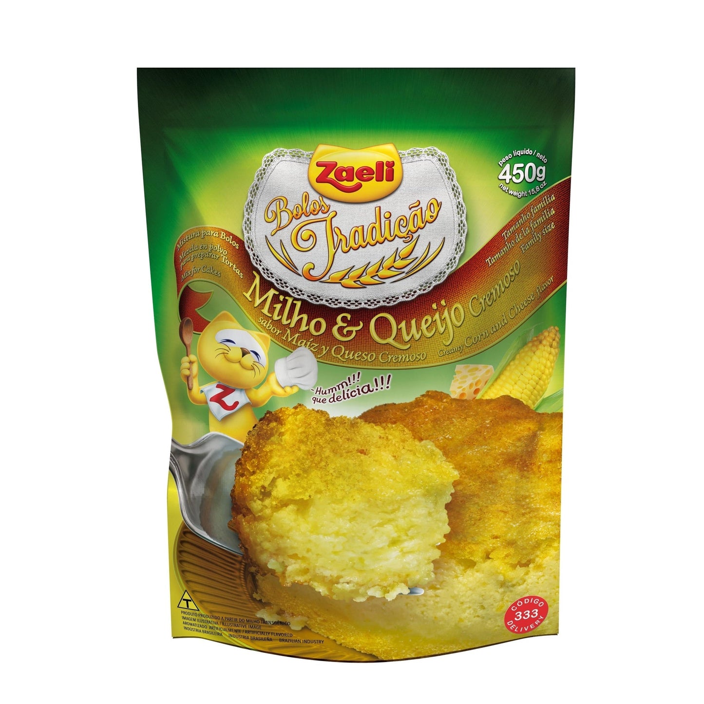 Mistura para Bolo de Milho Cremoso Zaeli 450g sobre fundo branco