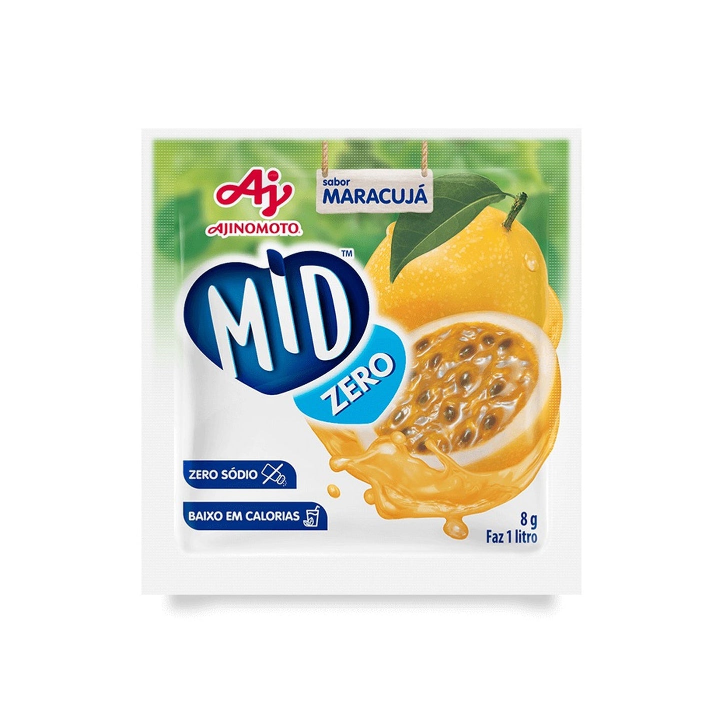 Refresco Mid em Pó Zero Açúcar Maracujá 20g sobre fundo branco