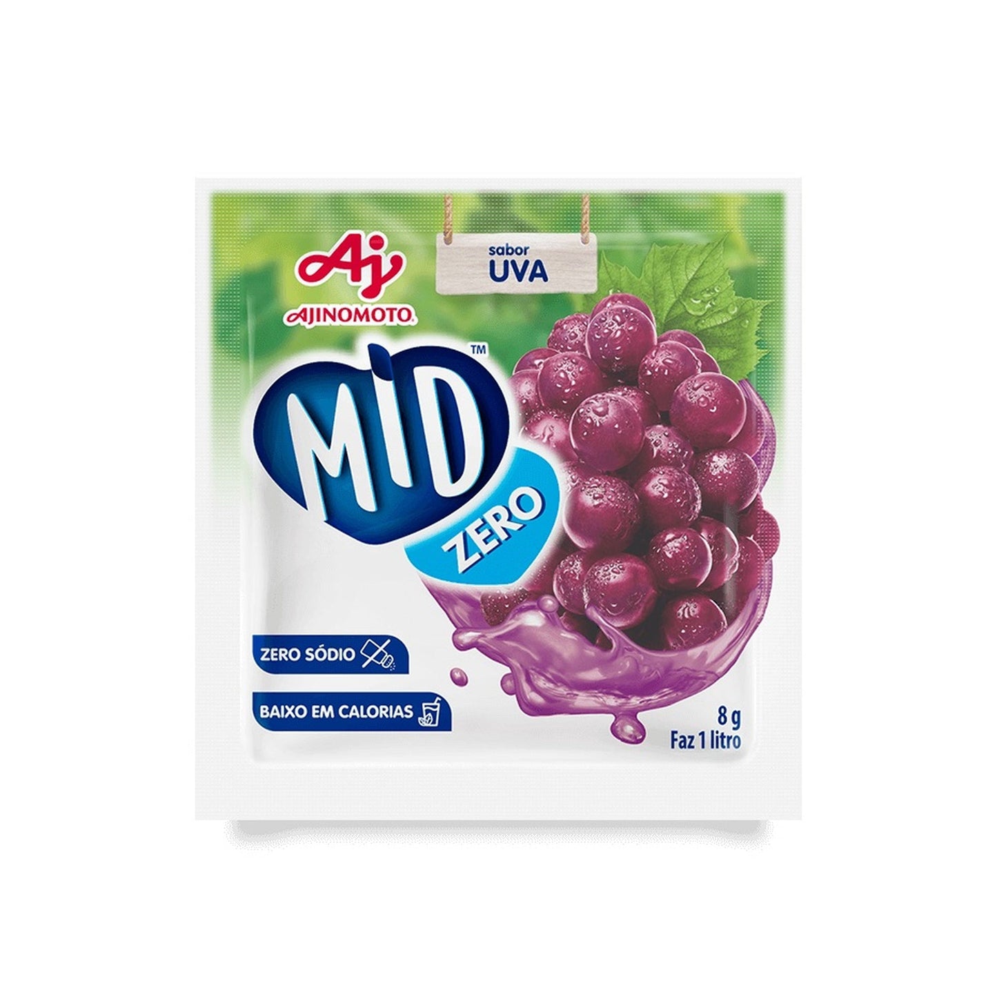 Refresco Mid em Pó Zero Açúcar Uva 20g sobre fundo branco