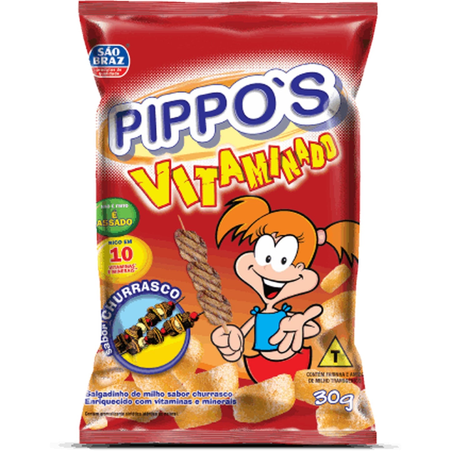 Salgadinho Pippos Churrasco São Braz 30g sobre fundo branco