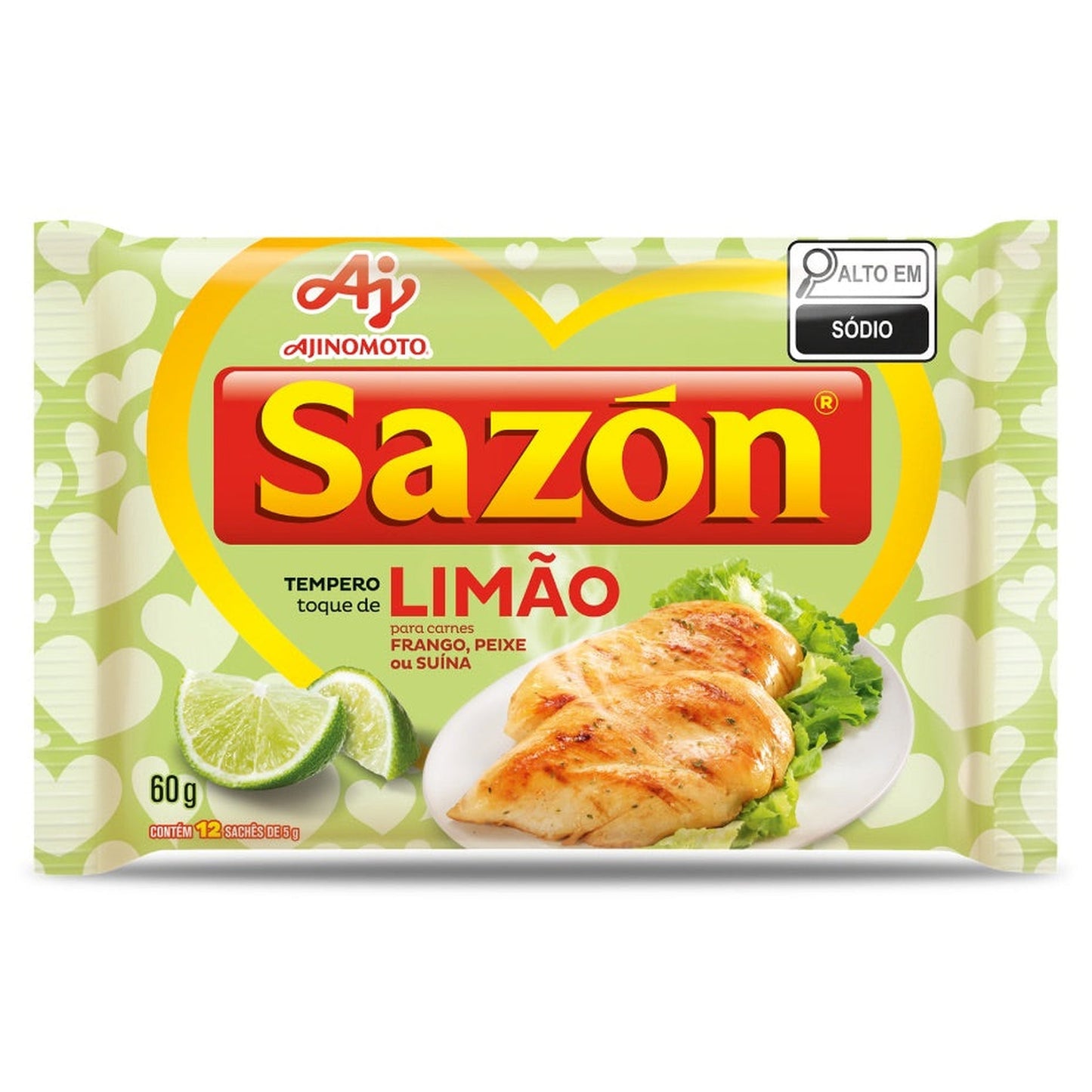 Sazon Tempero Pronto Limão Ajinomoto 60g sobre fundo branco