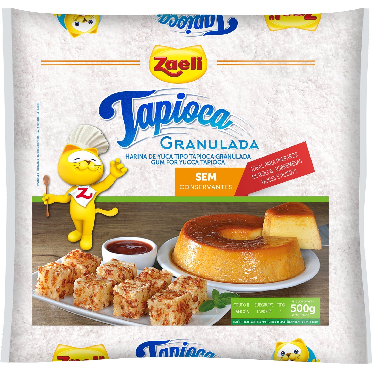 Tapioca Granulada Zaeli 500g sobre fundo branco
