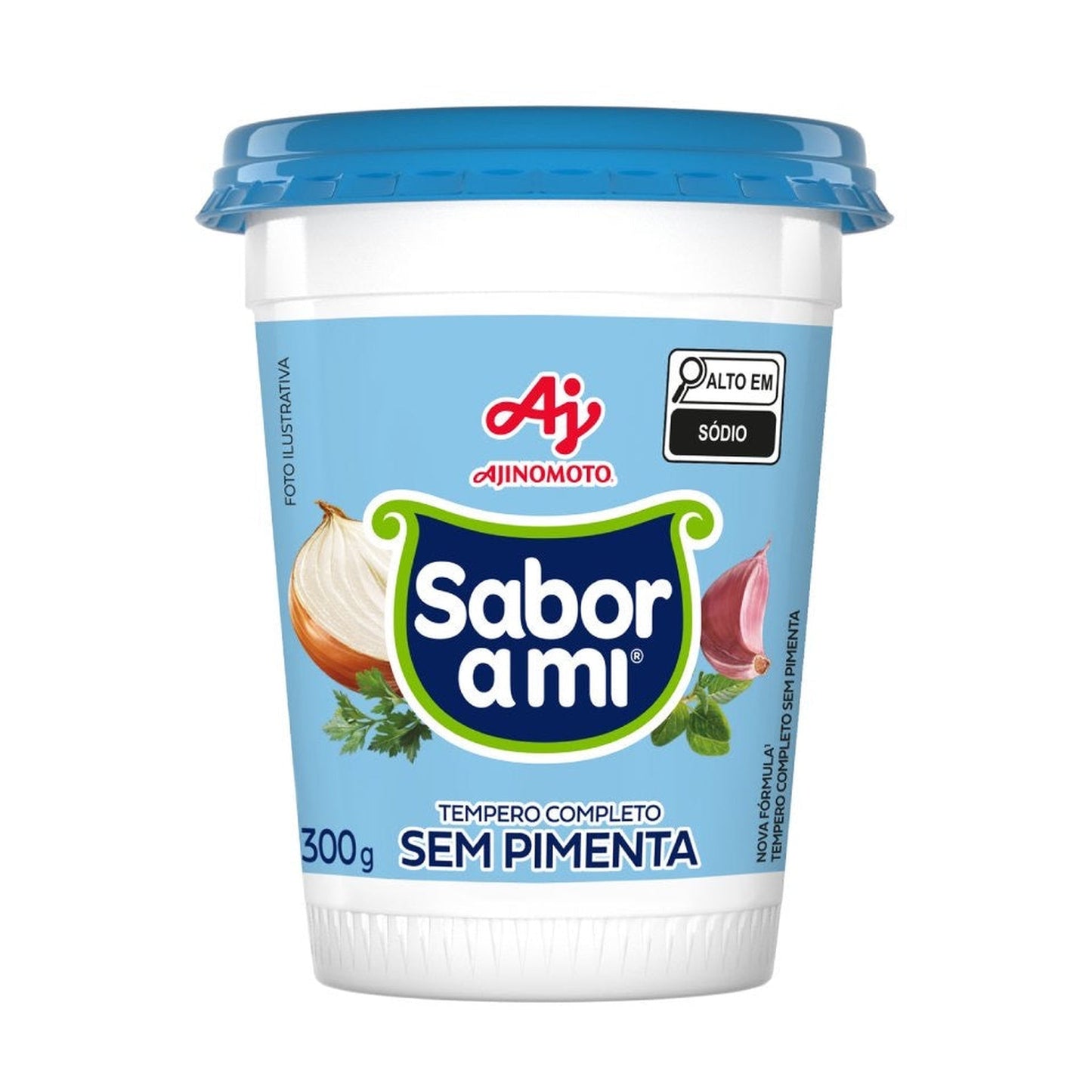Tempero Sabor A Mi Sem Pimenta Pote Ajinomoto 300g sobre fundo branco
