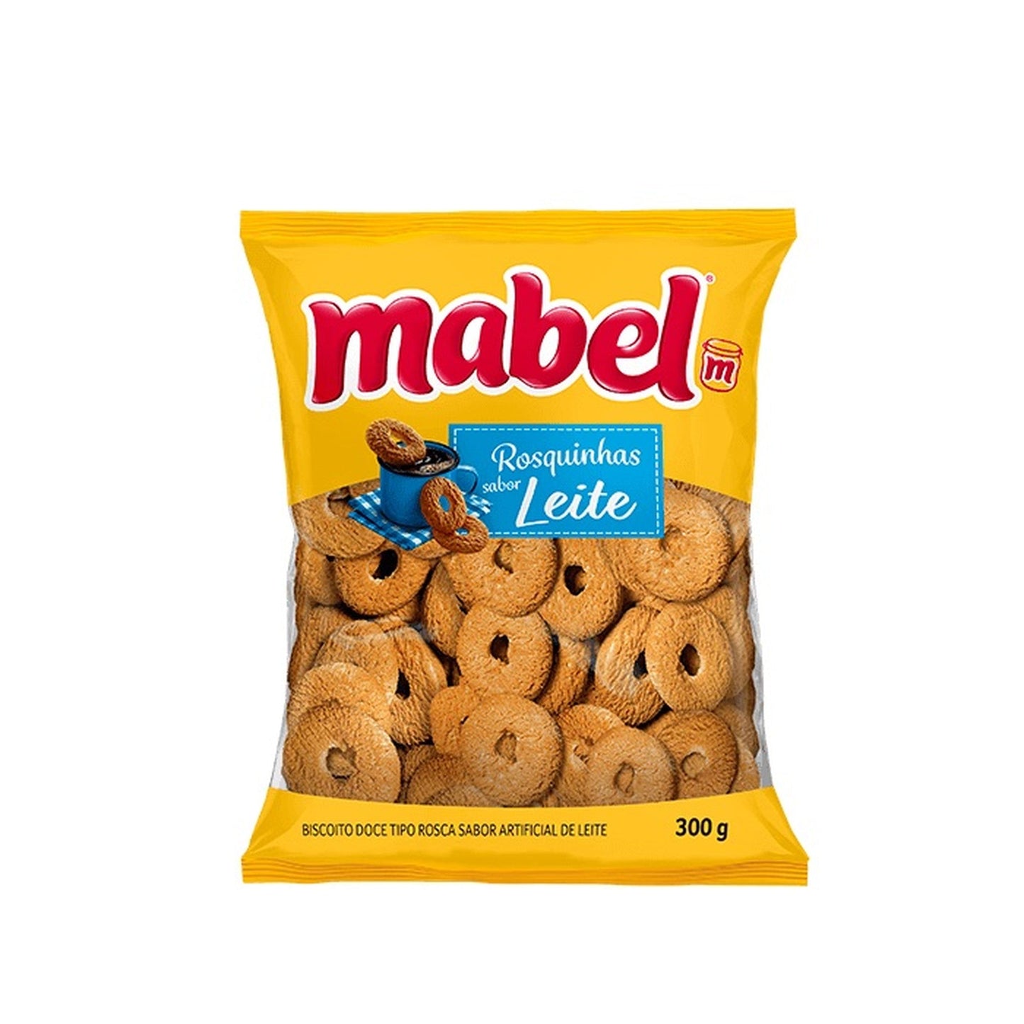 Biscoito Mabel Rosca 300g Leite sobre fundo branco