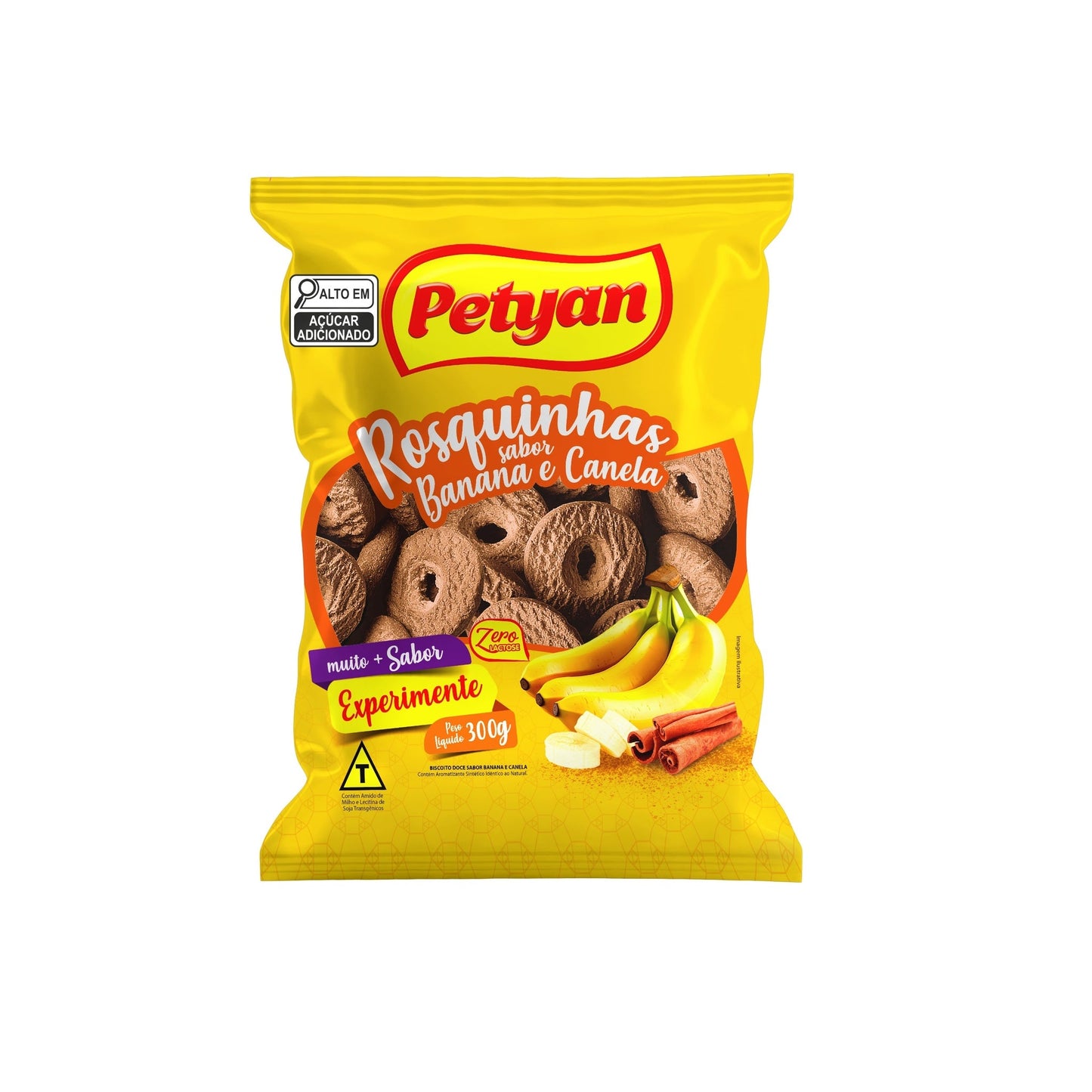 Biscoito Rosquinha Petyan 300g Banana E Canela sobre fundo branco