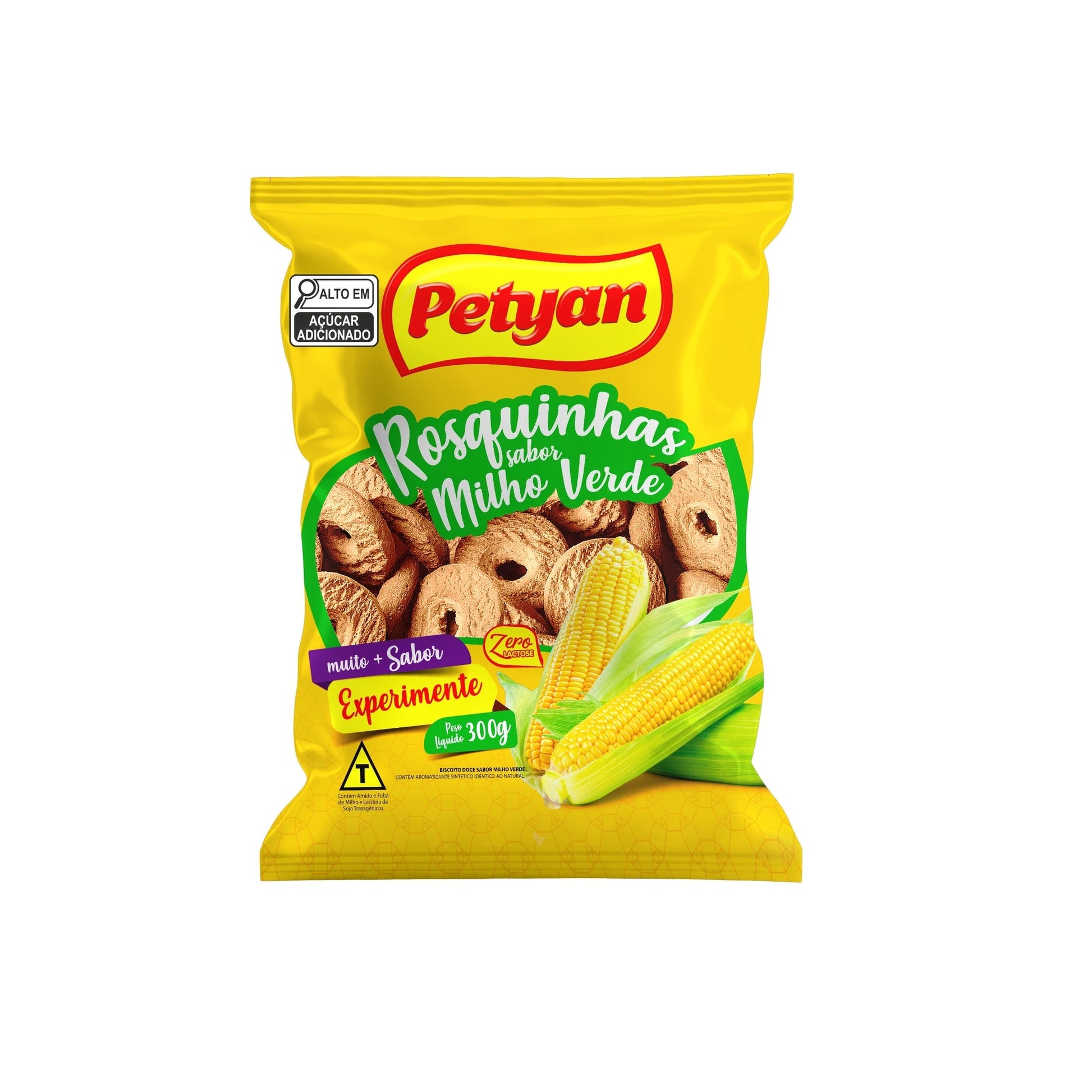 Biscoito Rosquinha Petyan 300g Milho Verde sobre fundo branco