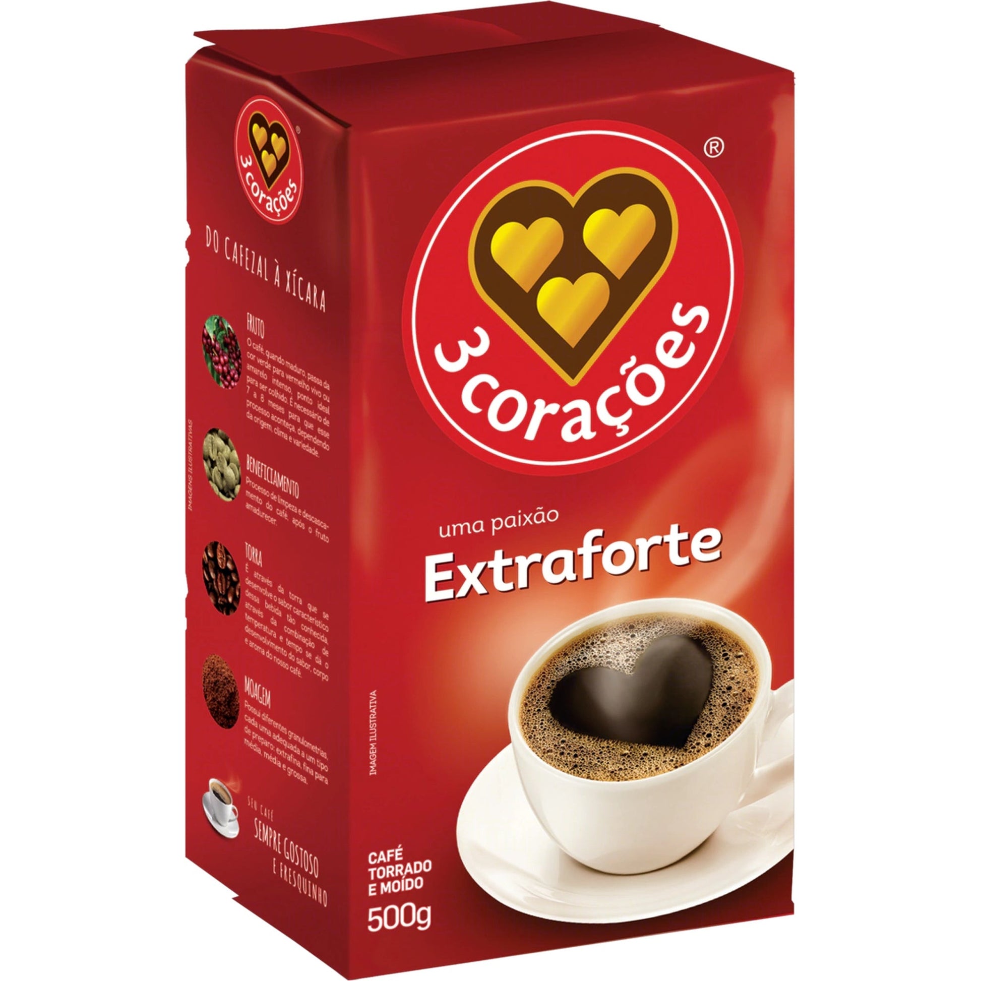 Café Vácuo 3 Corações Extra Forte 500g sobre fundo branco