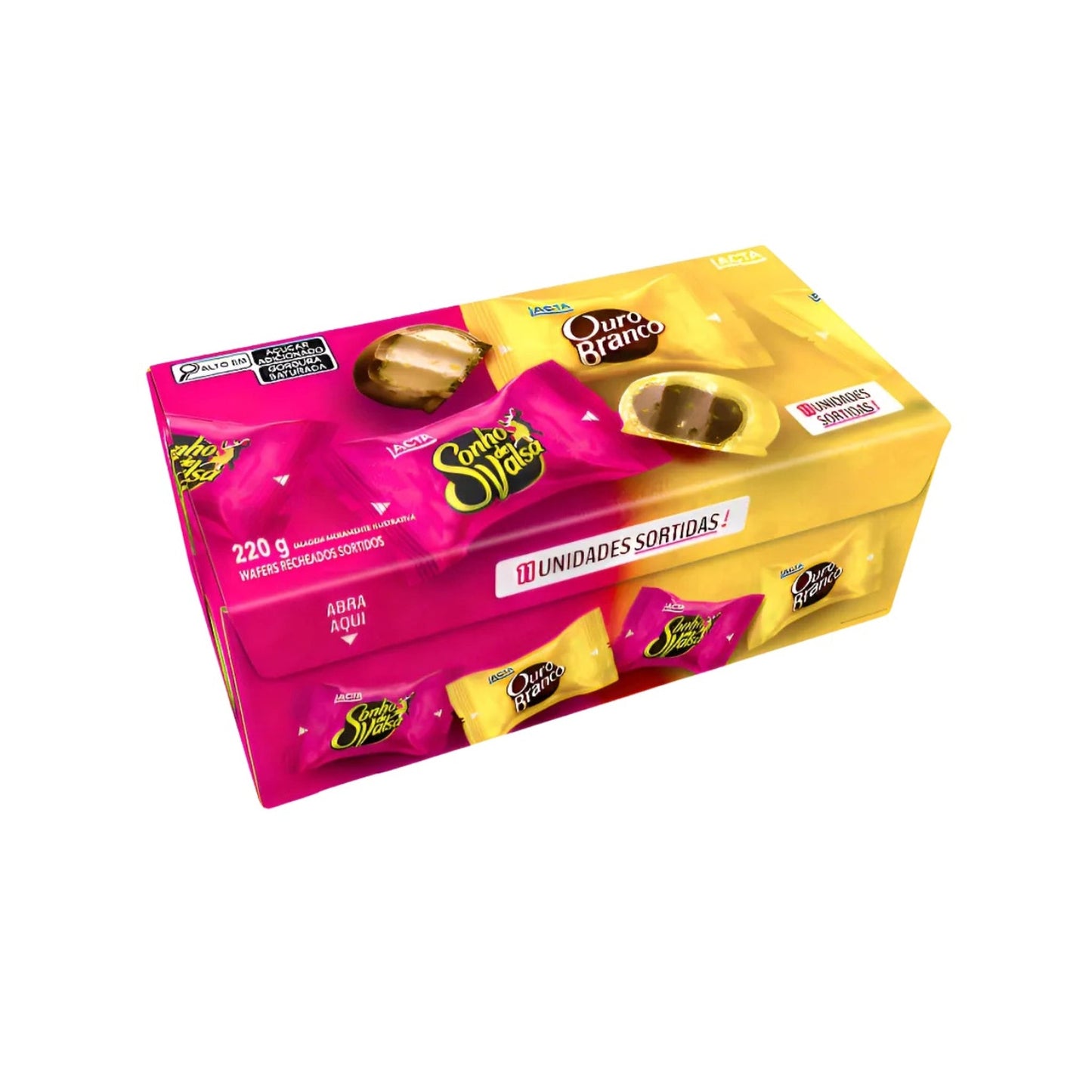 Caixa De Bombom Mix Ouro Branco E Sonho De Valsa 220g sobre fundo branco