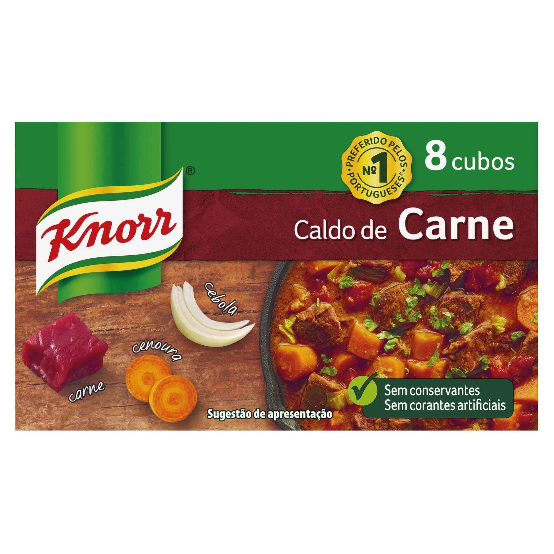 Caldo Carne Knorr 8 cubos sobre fundo branco