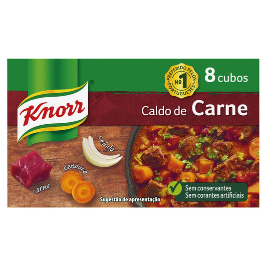 Caldo Carne Knorr 8 cubos sobre fundo branco