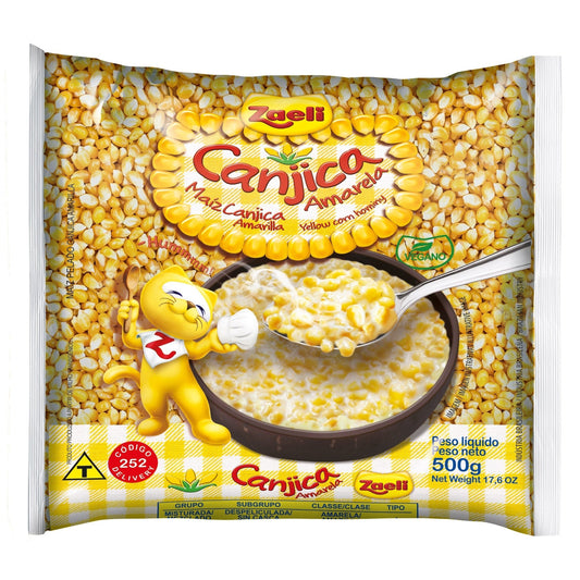Canjica Amarela Zaeli 500g sobre fundo branco