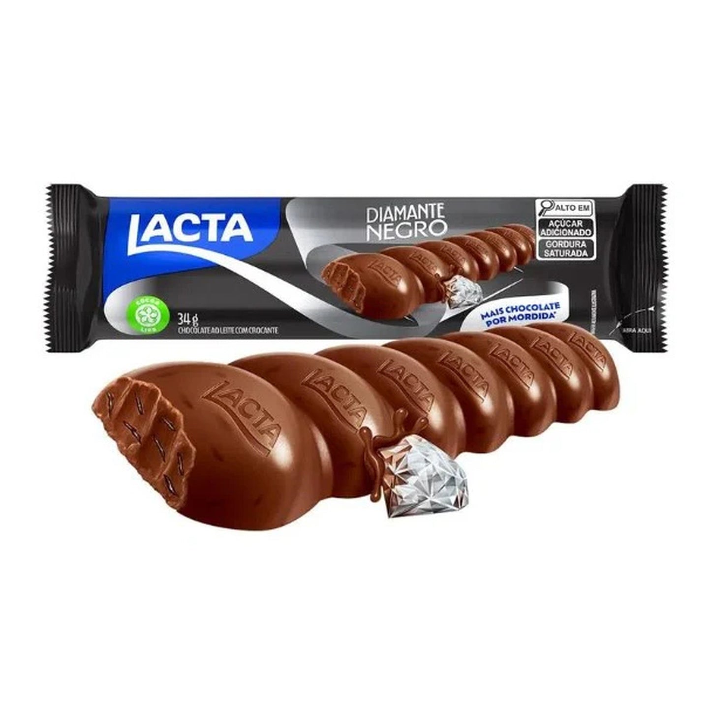 Chocolate Diamante Negro Lacta 34g sobre fundo branco