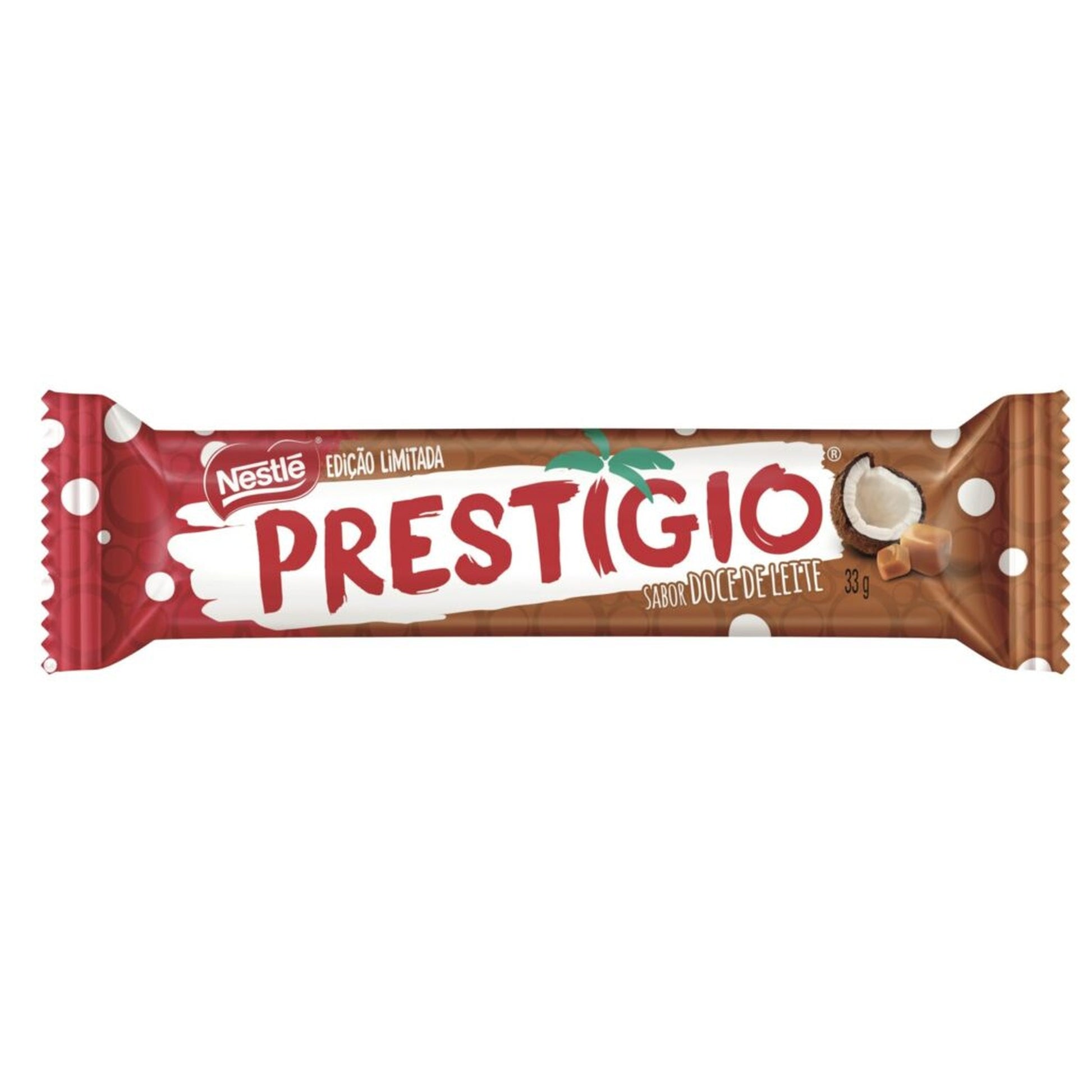 Chocolate Prestígio Doce De Leite Nestlé 33g sobre fundo branco
