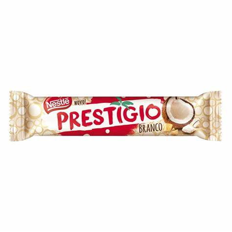 Chocolate Prestígio Branco Nestlé 33g sobre fundo branco