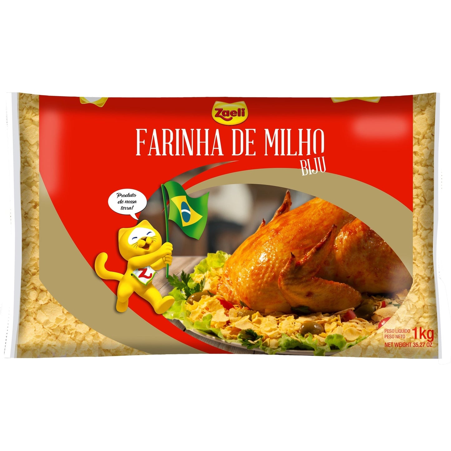 Farinha de Milho Biju Zaeli 1kg sobre fundo branco
