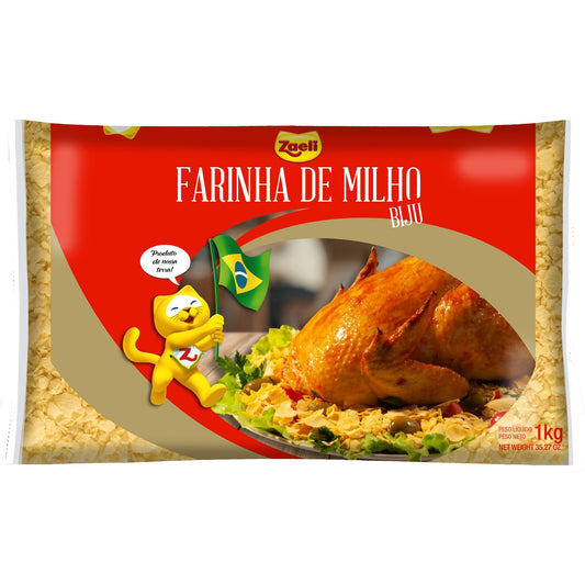 Farinha de Milho Biju Zaeli 1kg sobre fundo branco