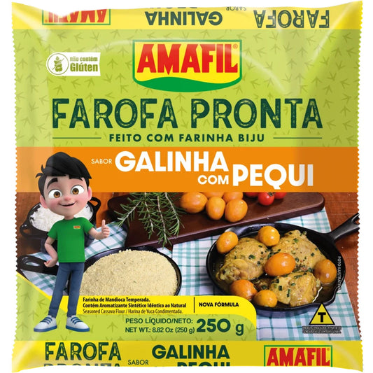 Farofa Galinha Com Pequi 250g sobre fundo branco