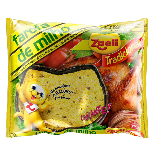 Farofa Milho Zaeli 500g sobre fundo branco