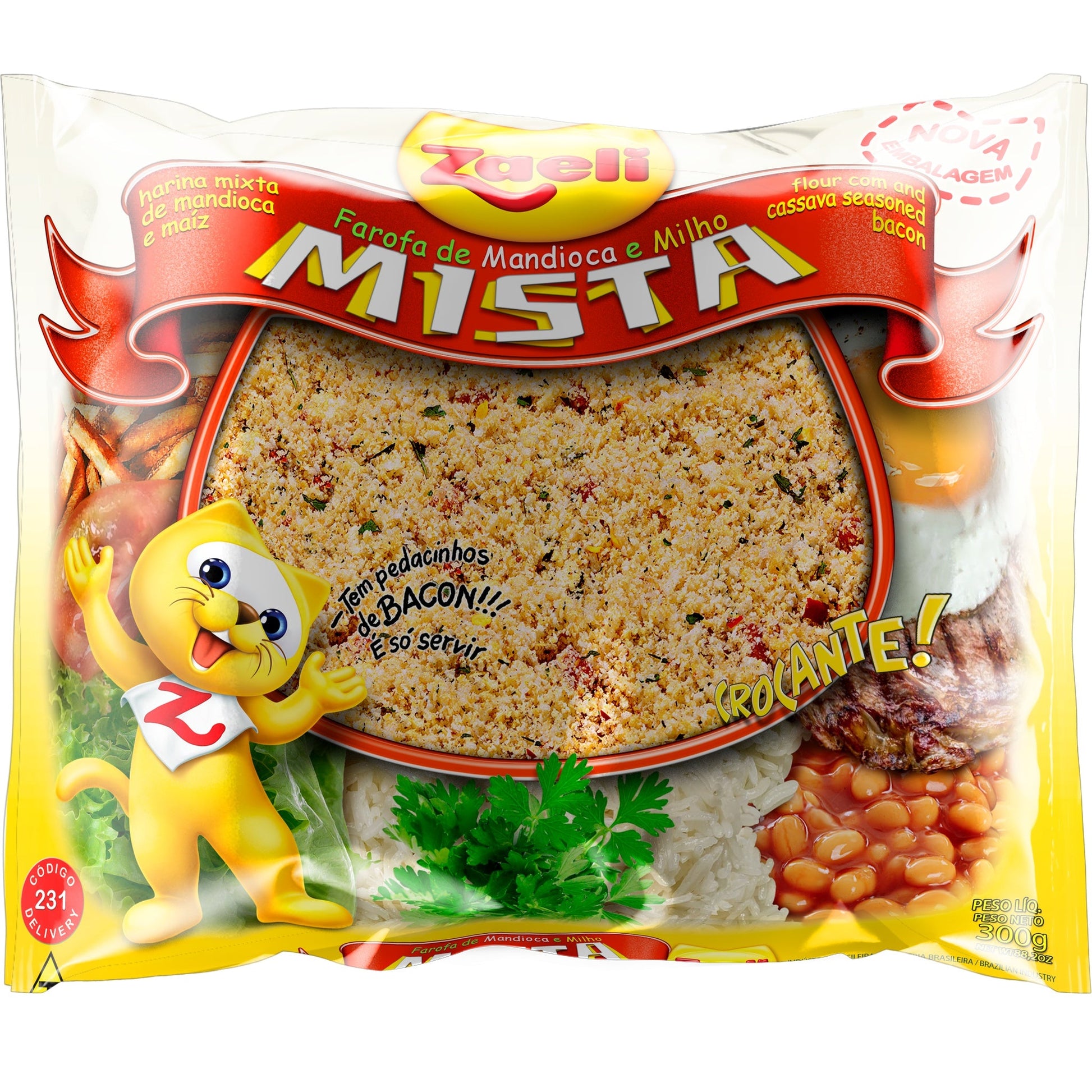 Farofa Mista Mandioca e Milho 300g sobre fundo branco