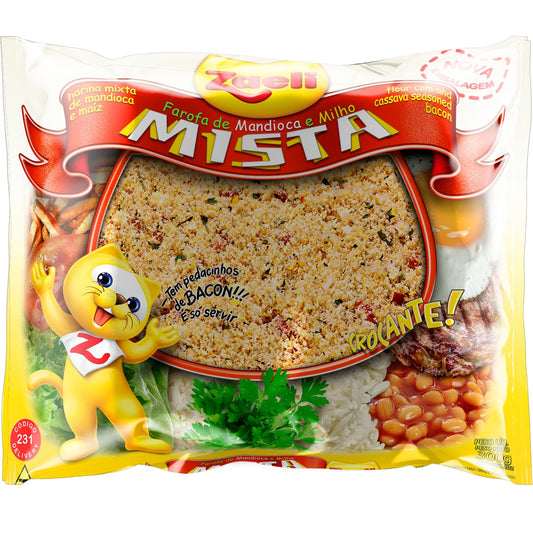 Farofa Mista Mandioca e Milho 300g sobre fundo branco