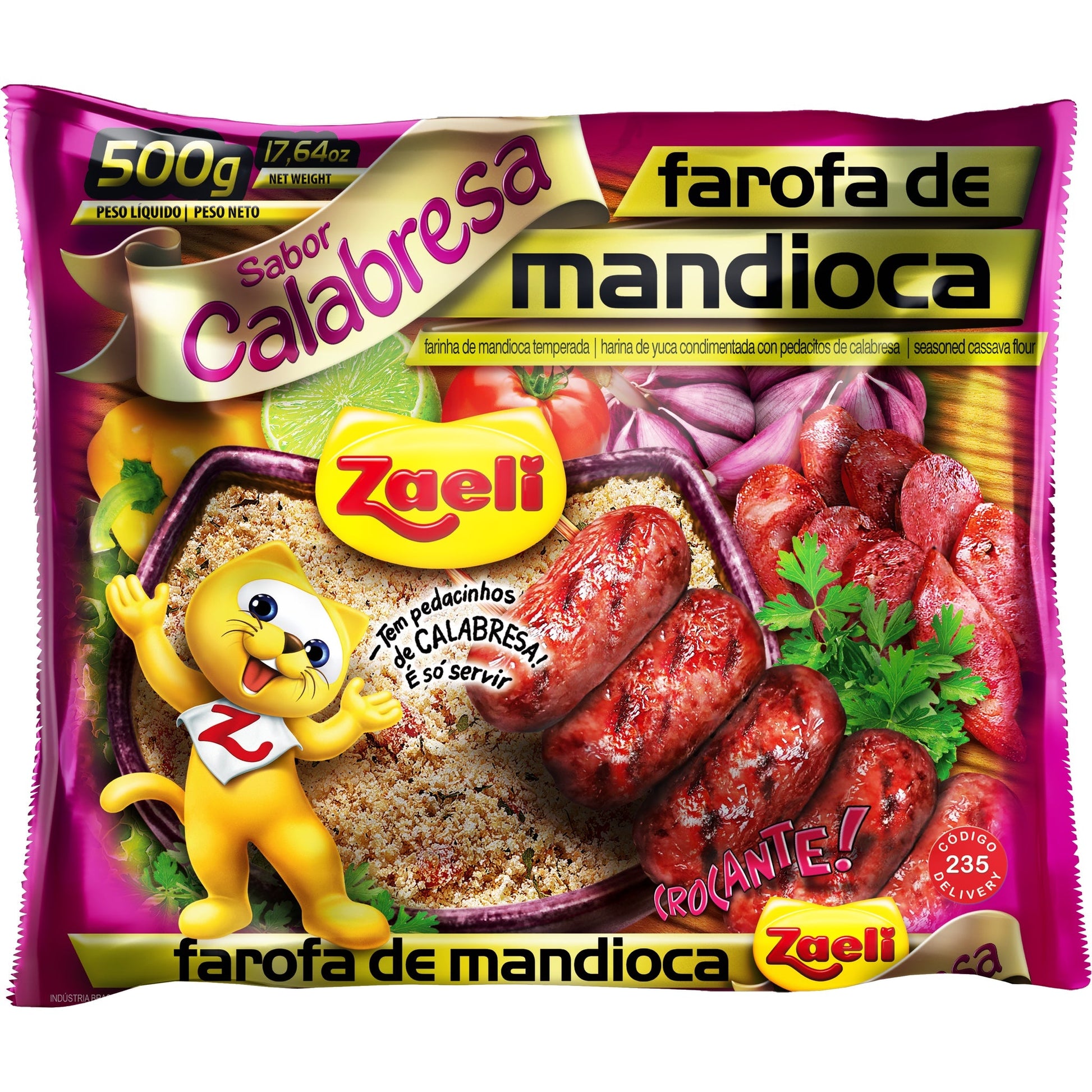 Farofa Zaeli Mandioca Calabresa 500g sobre fundo branco