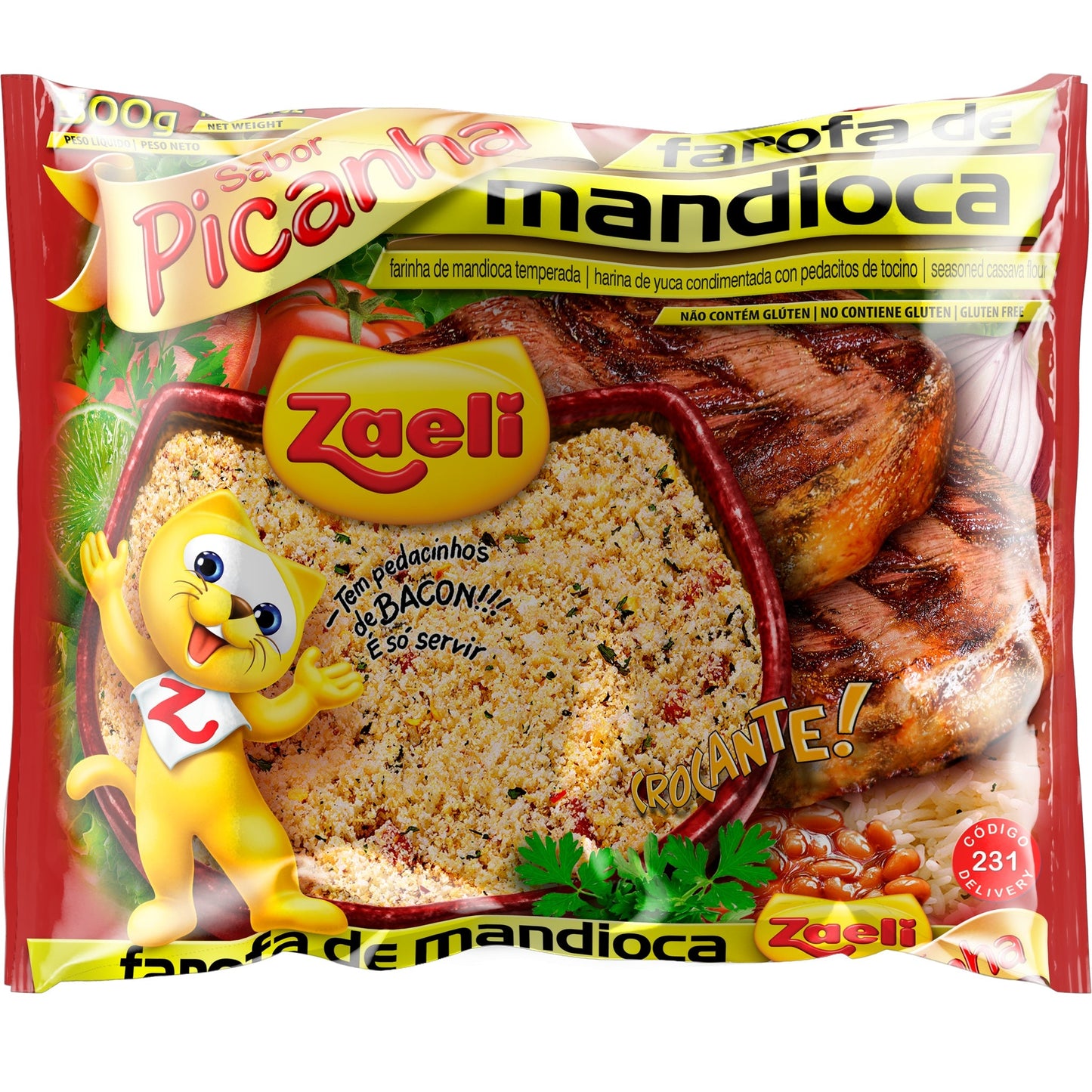 Farofa Zaeli Mandioca Picanha 500g sobre fundo branco
