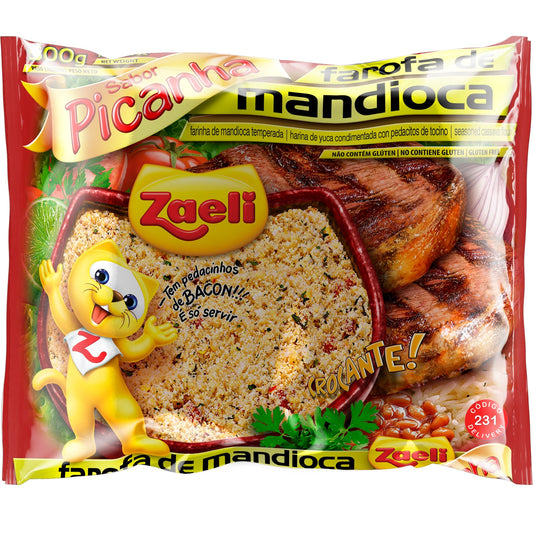 Farofa Zaeli Mandioca Picanha 500g sobre fundo branco