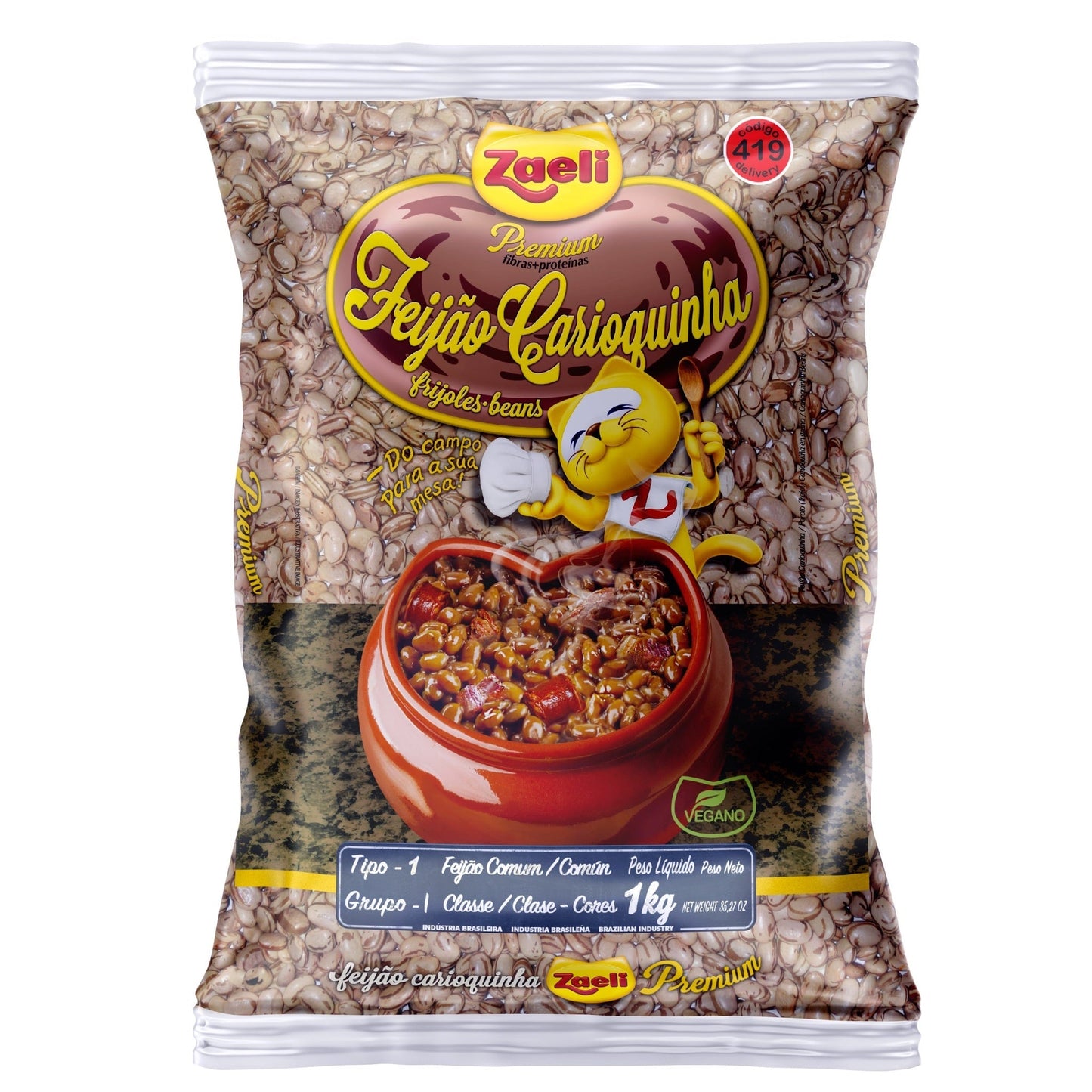 Feijão Carioca Premium Tipo 1 Zaeli 1kg sobre fundo branco