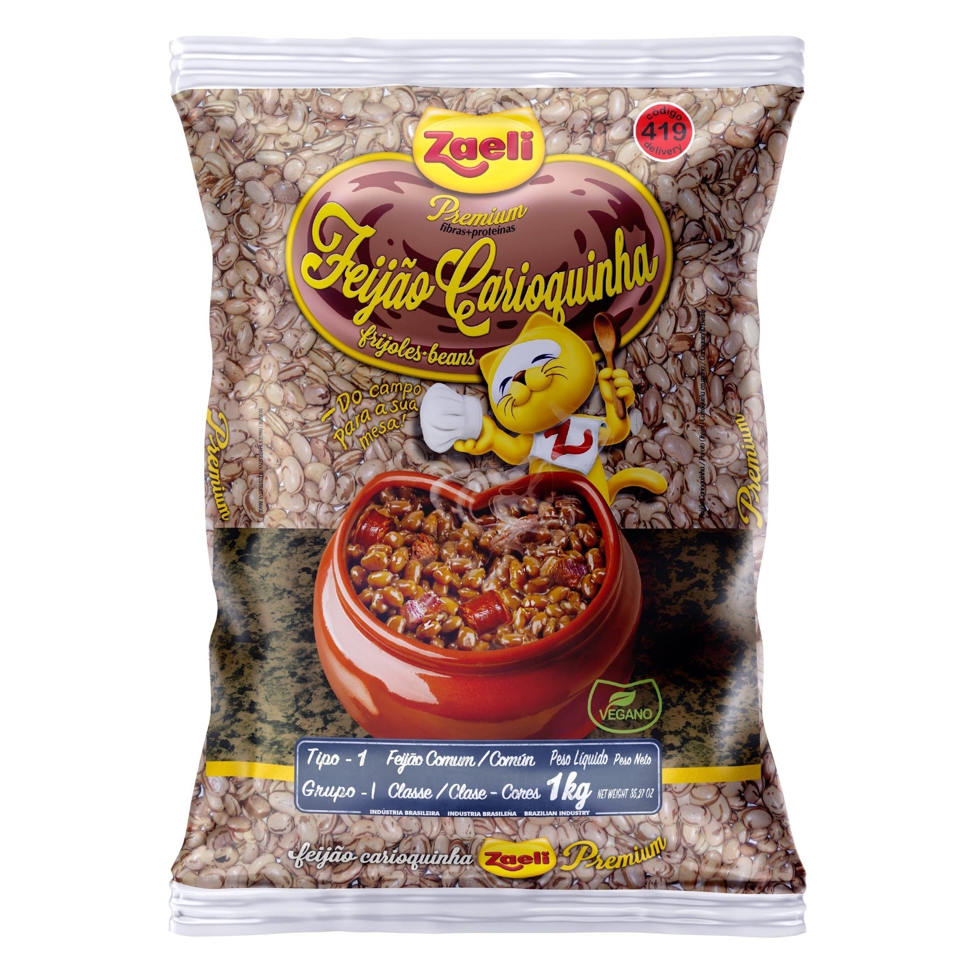 Feijão Carioca Premium Tipo 1 Zaeli 1kg sobre fundo branco