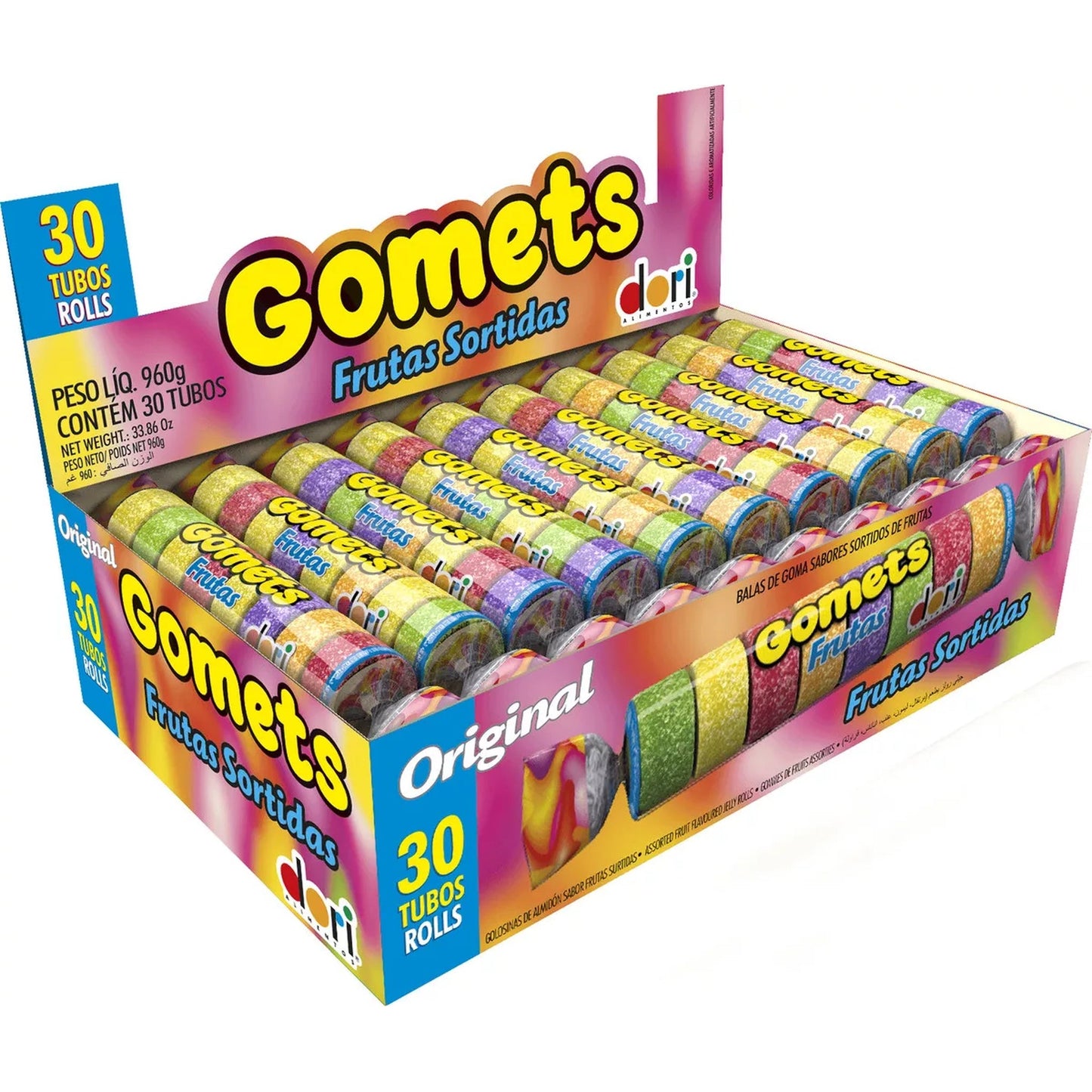 Goma Gomets Tubo Dori 960g sobre fundo branco