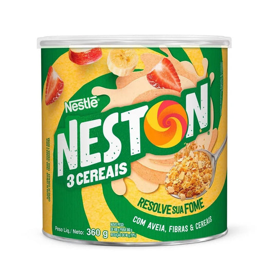 Mingau Neston 3 Cereais Lata Nestlé 360g sobre fundo branco