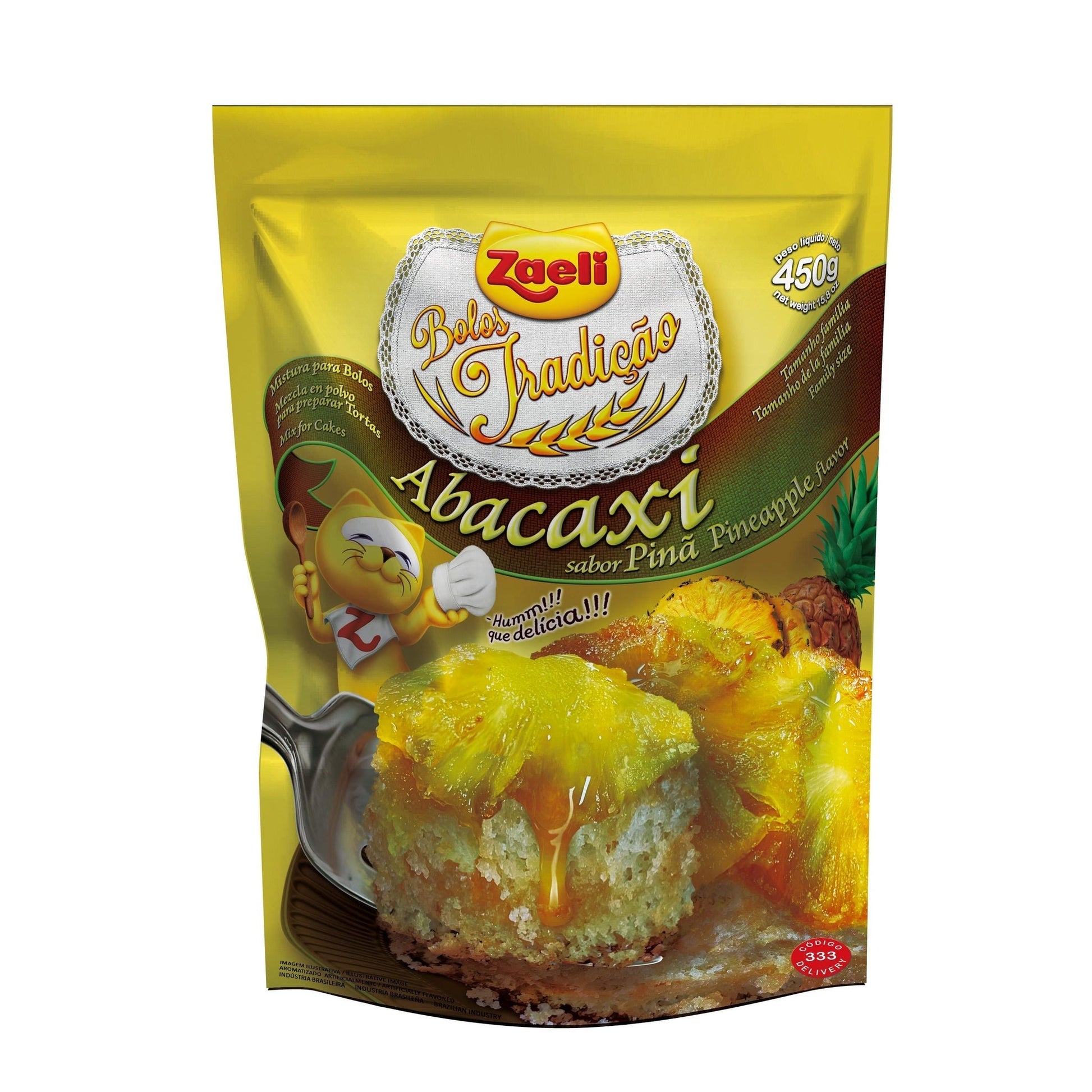 Mistura para Bolo Abacaxi Zaeli 450g sobre fundo branco