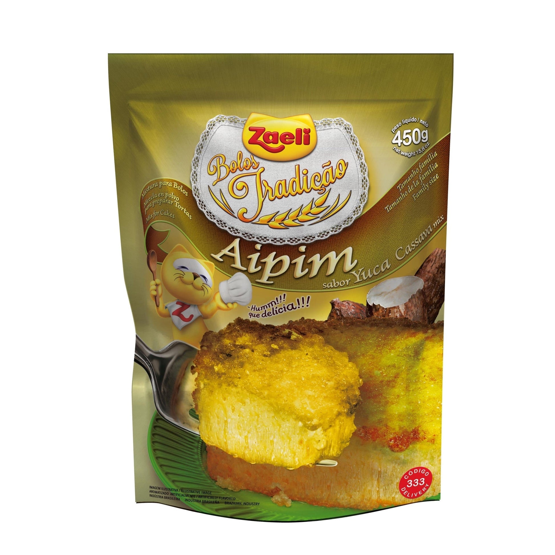 Mistura para Bolo Aipim Zaeli 450g sobre fundo branco